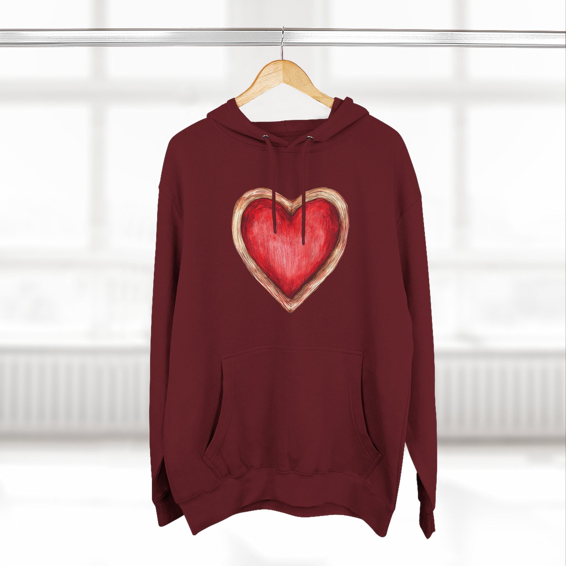Heart Watercolor Hoodie — Hand-Painted Red Heart Pullover for Valentine's Day