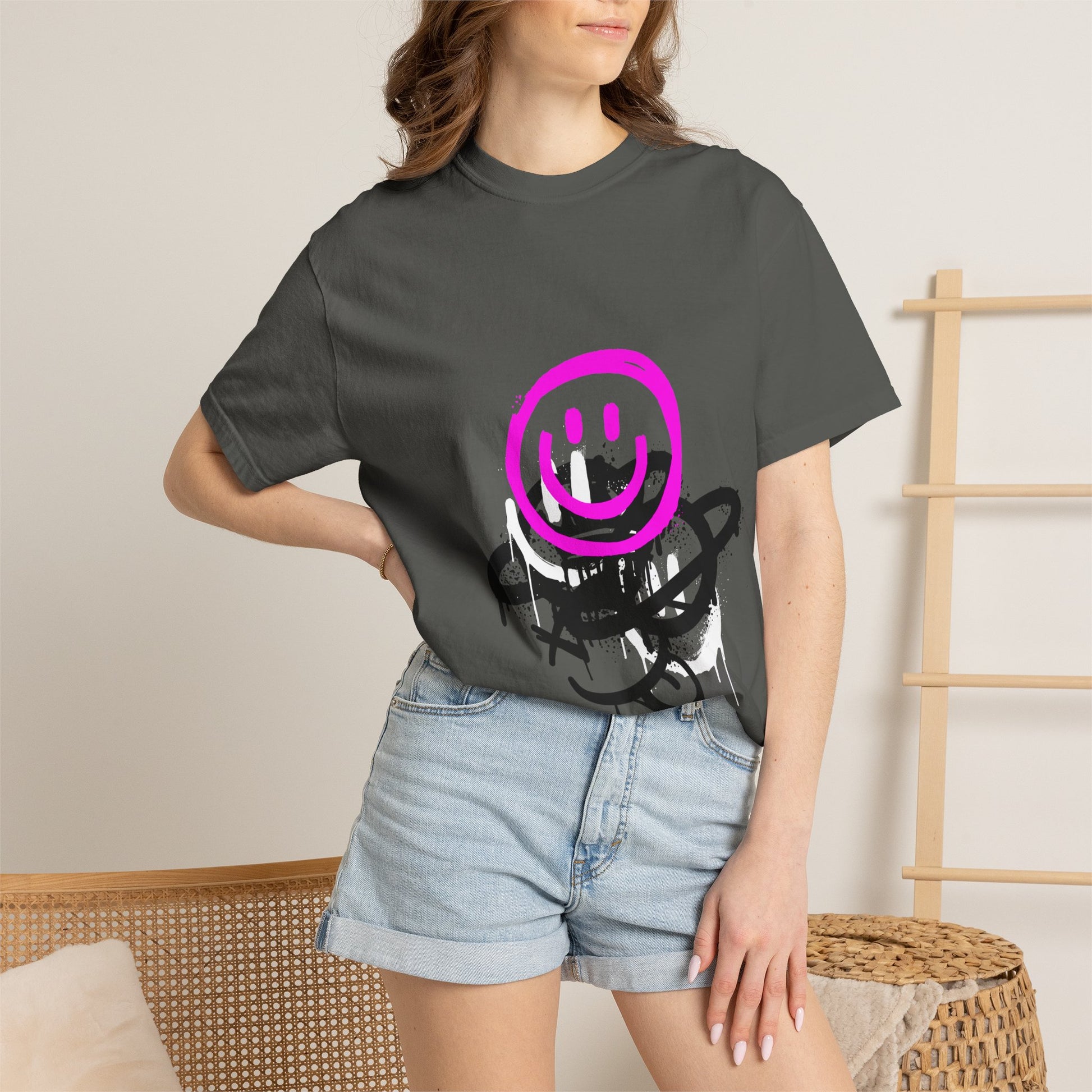 Smiley Graffiti T-Shirt — Neon Pink Drip Streetwear Tee