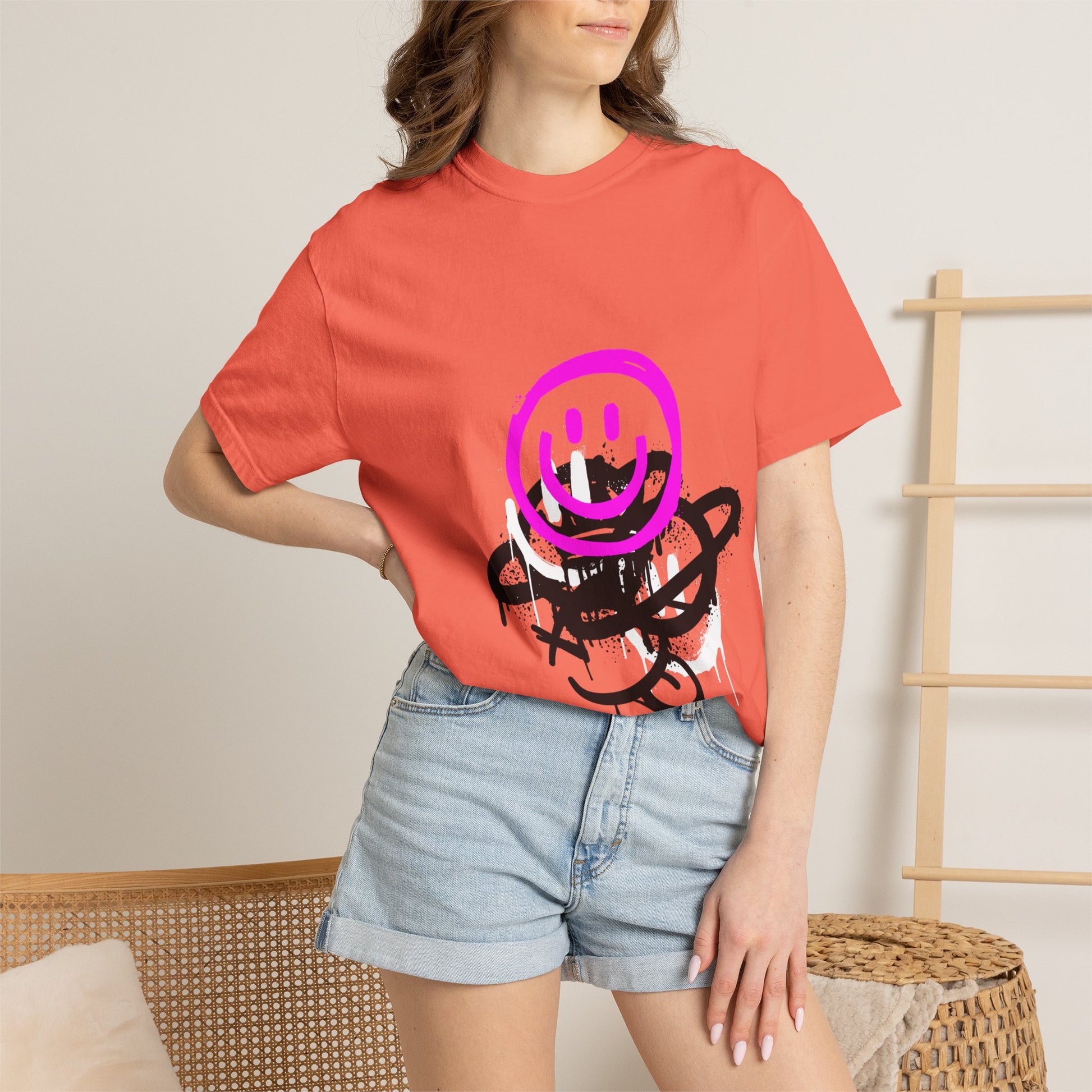 Smiley Graffiti T-Shirt — Neon Pink Drip Streetwear Tee