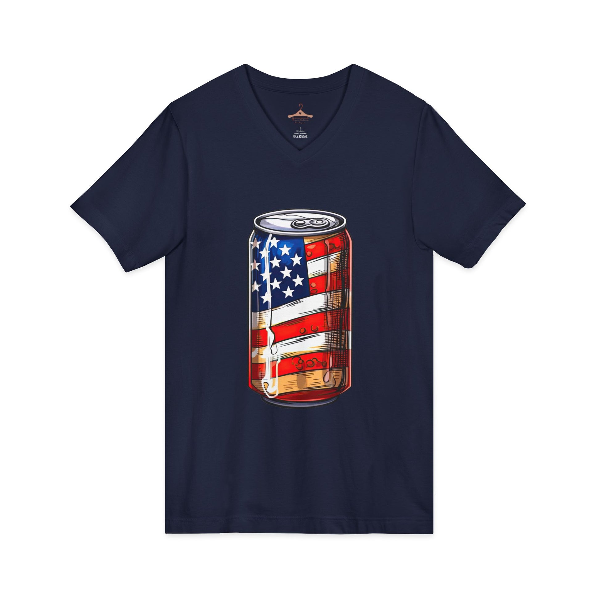 Patriotic Soda Can V-Neck Tee — American Flag Drink Can Graphic Tee