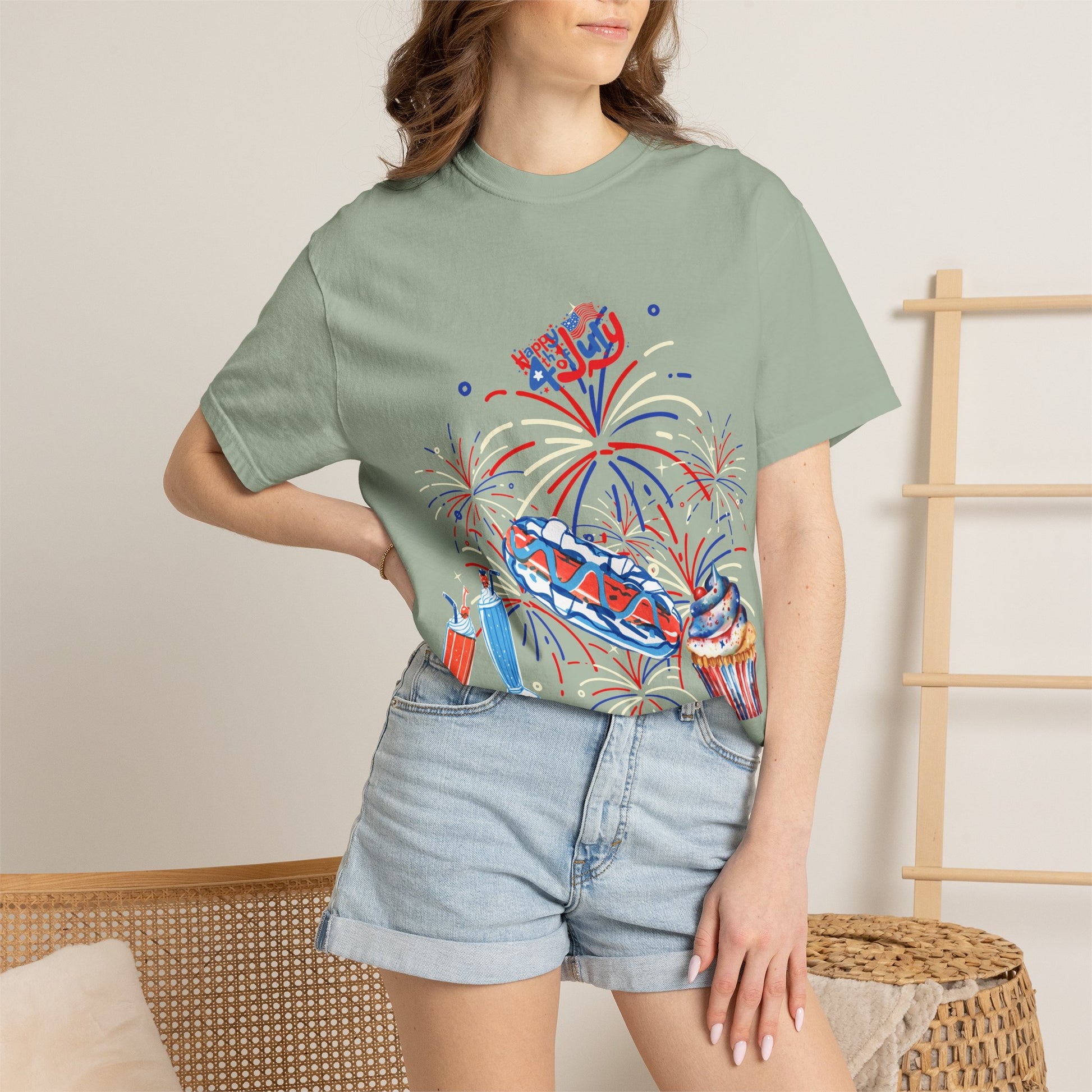 T-Shirt — Fourth of July Party Graphic Tee (Fireworks, Cupcake & Drinks)