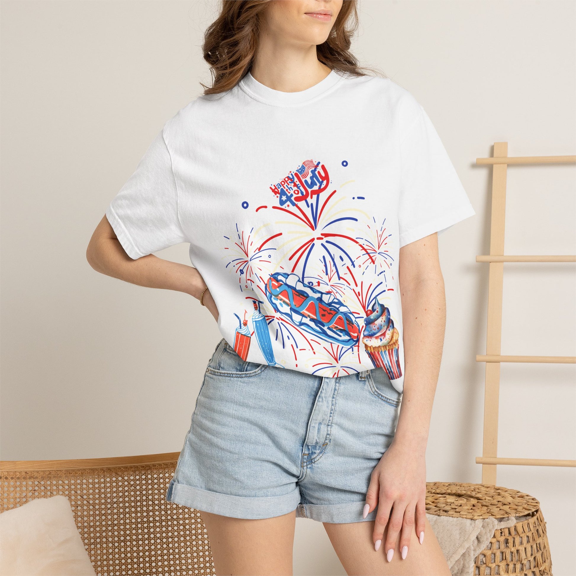 T-Shirt — Fourth of July Party Graphic Tee (Fireworks, Cupcake & Drinks)