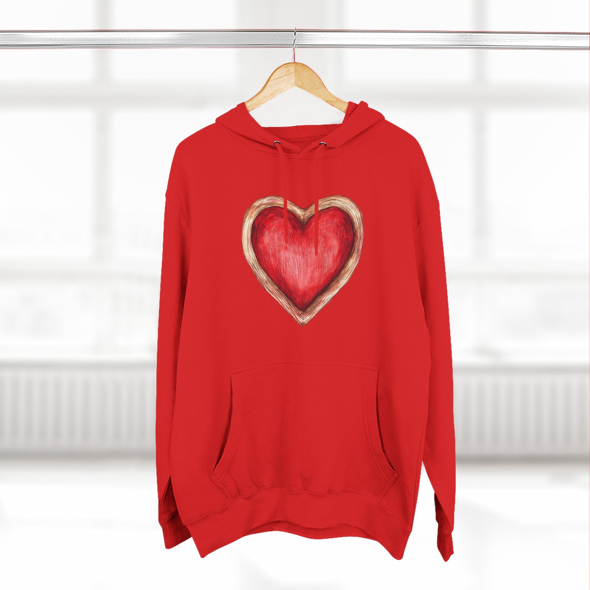 Heart Watercolor Hoodie — Hand-Painted Red Heart Pullover for Valentine's Day