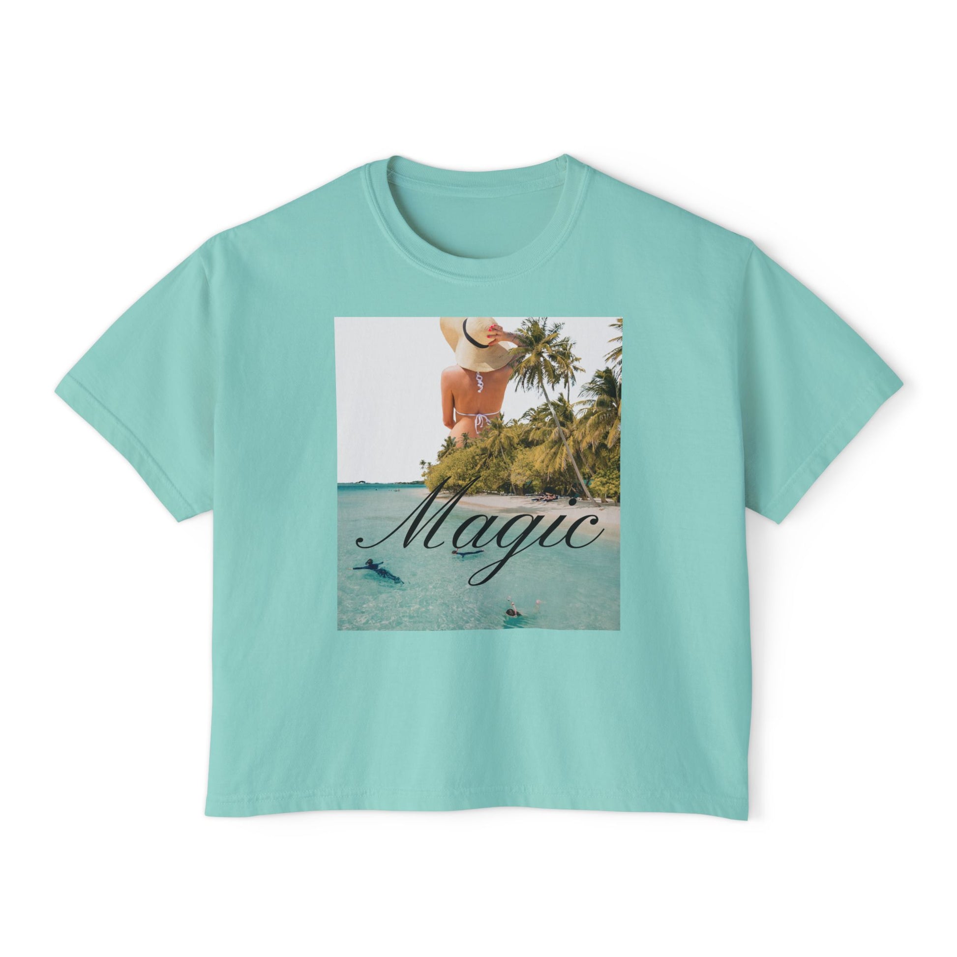 Magic Beach Crop Tee — Women's Boxy Tropical Graphic T‑Shirt