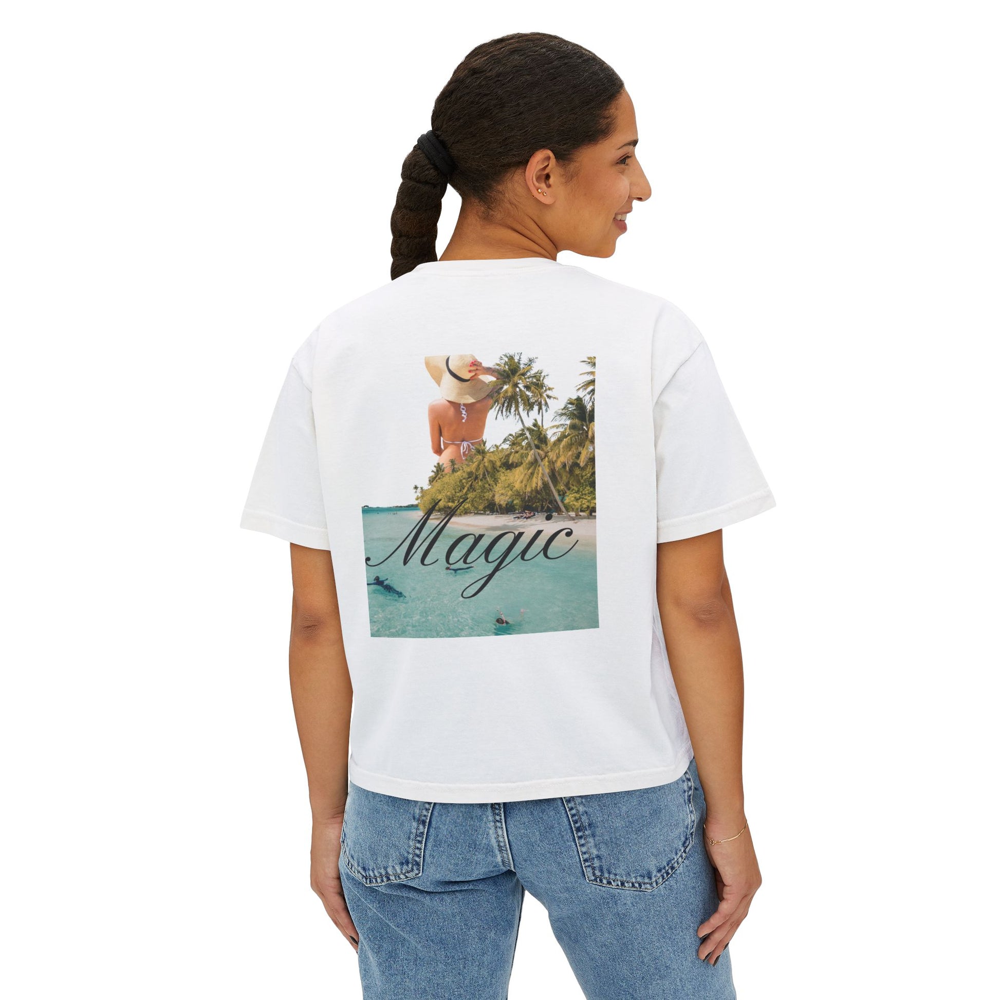 Magic Beach Crop Tee — Women's Boxy Tropical Graphic T‑Shirt