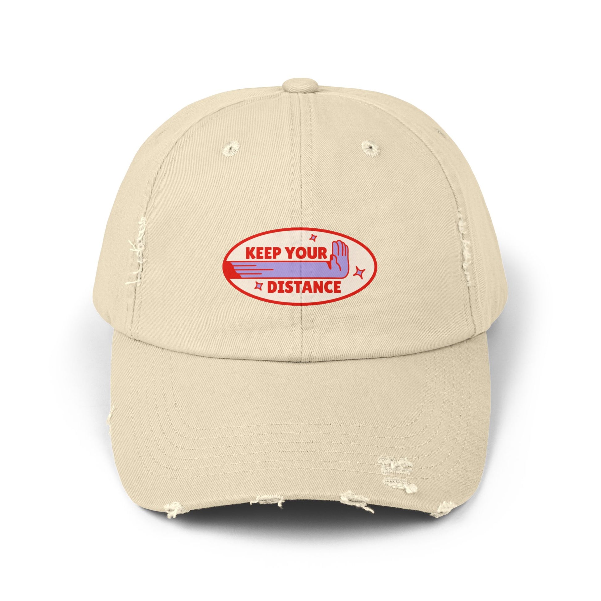 Unisex Distressed Cap with 'Keep Your Distance' Design, Casual Headwear