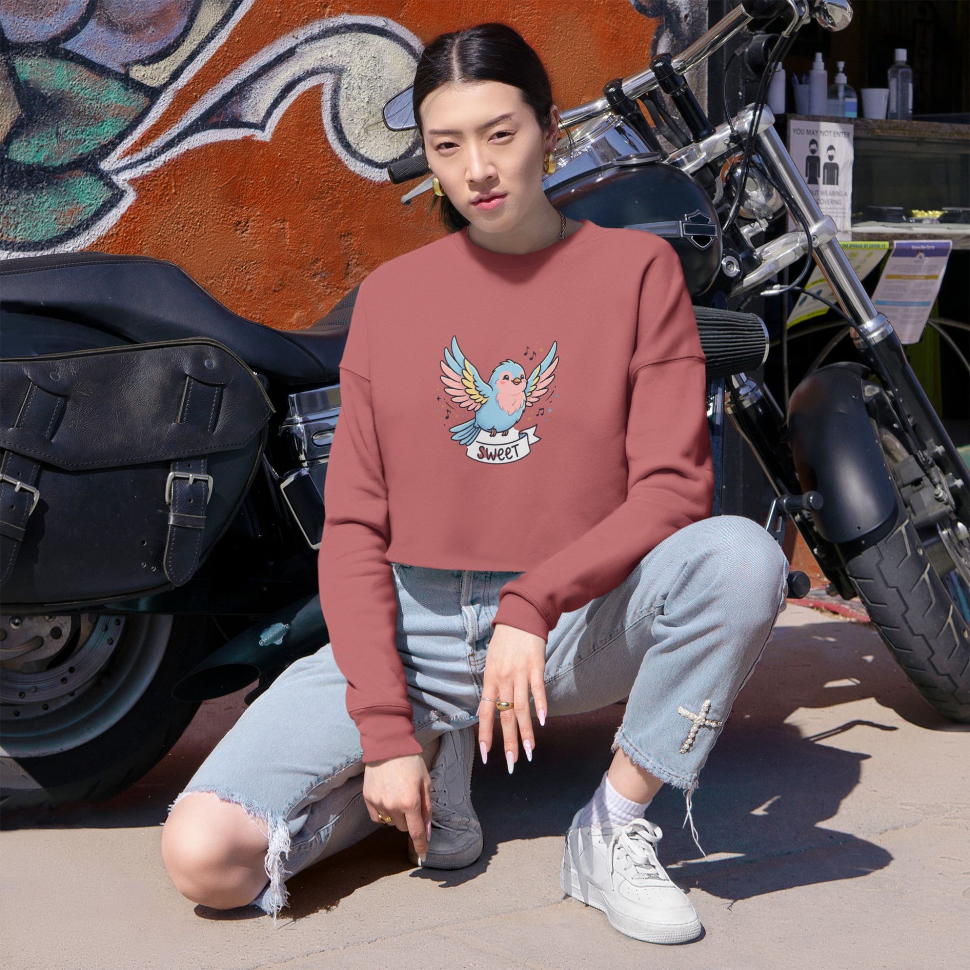 Sweet Bird Cropped Sweatshirt — Cute Pastel Dove Graphic for Women
