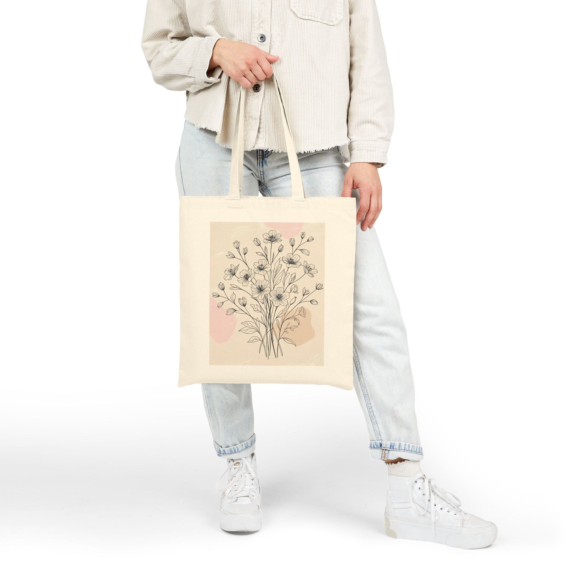 Floral Design Cotton Canvas Tote Bag, Eco-Friendly