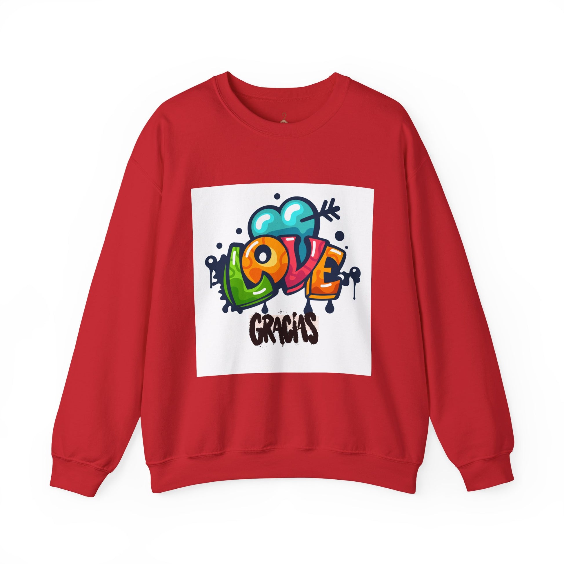 Love Gracias Crewneck Sweatshirt — Colorful Graffiti Heart Thank You Pullover