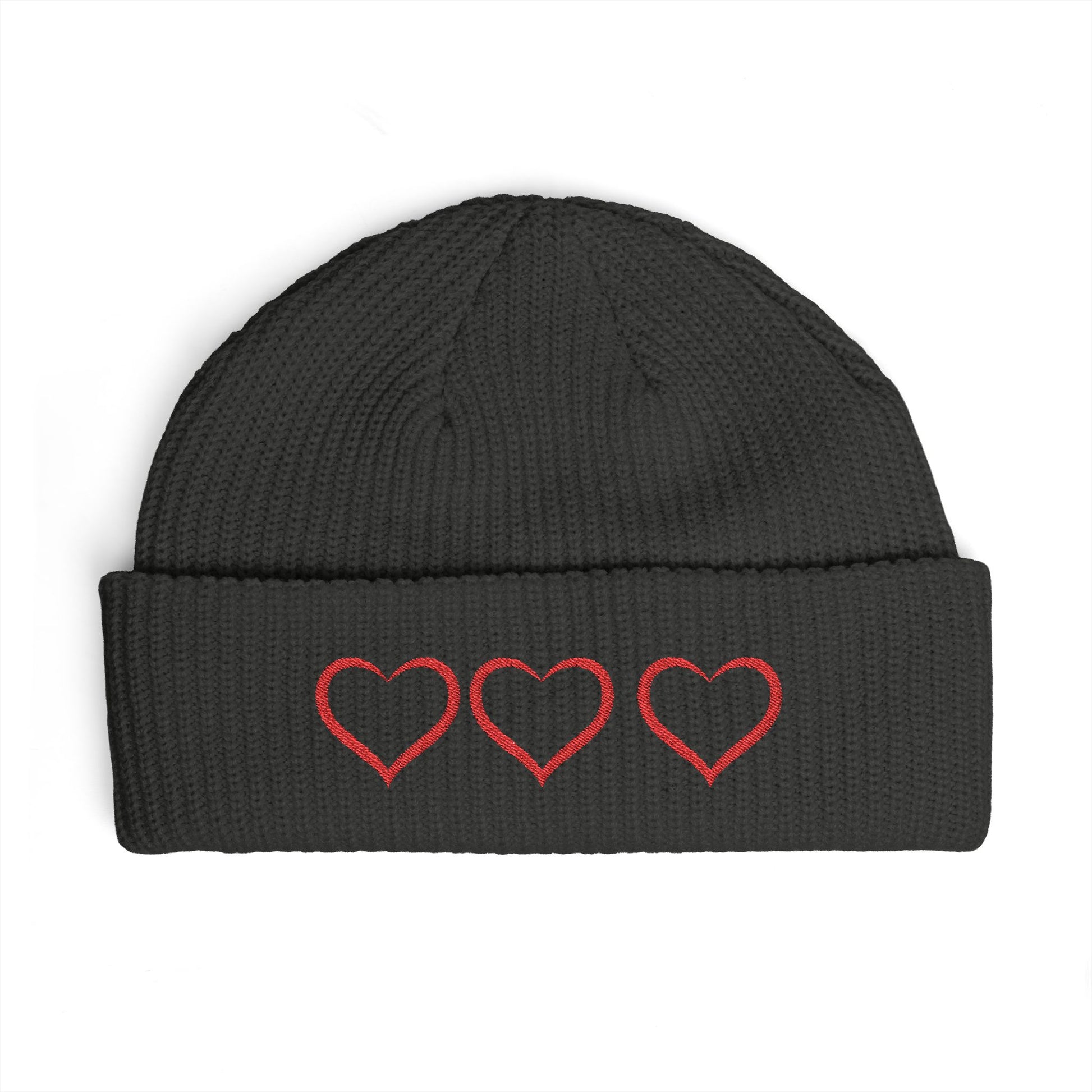 Embroidered Triple Heart Cuff Beanie — Cozy Valentine Knit Hat