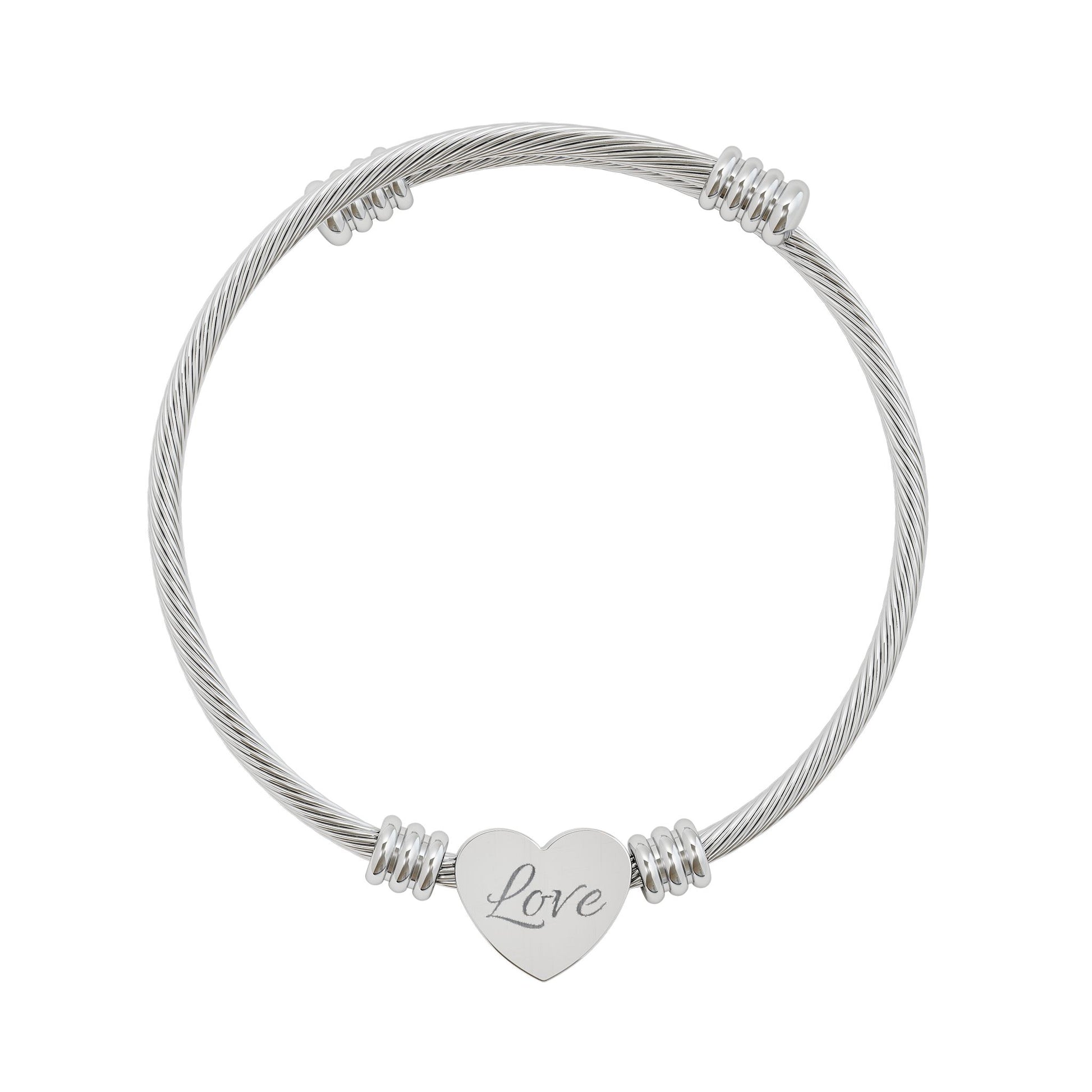 Engraved 'Love' Heart Cuff Bracelet — Gold or Silver Adjustable Wire Bangle