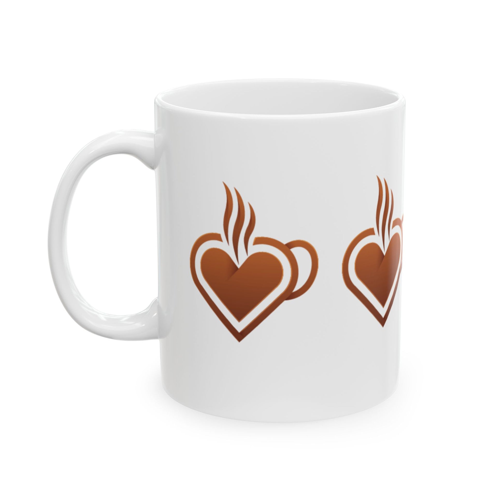 Coffee Heart Ceramic Mug — Double Brown Heart Steam Design (11oz, 15oz)