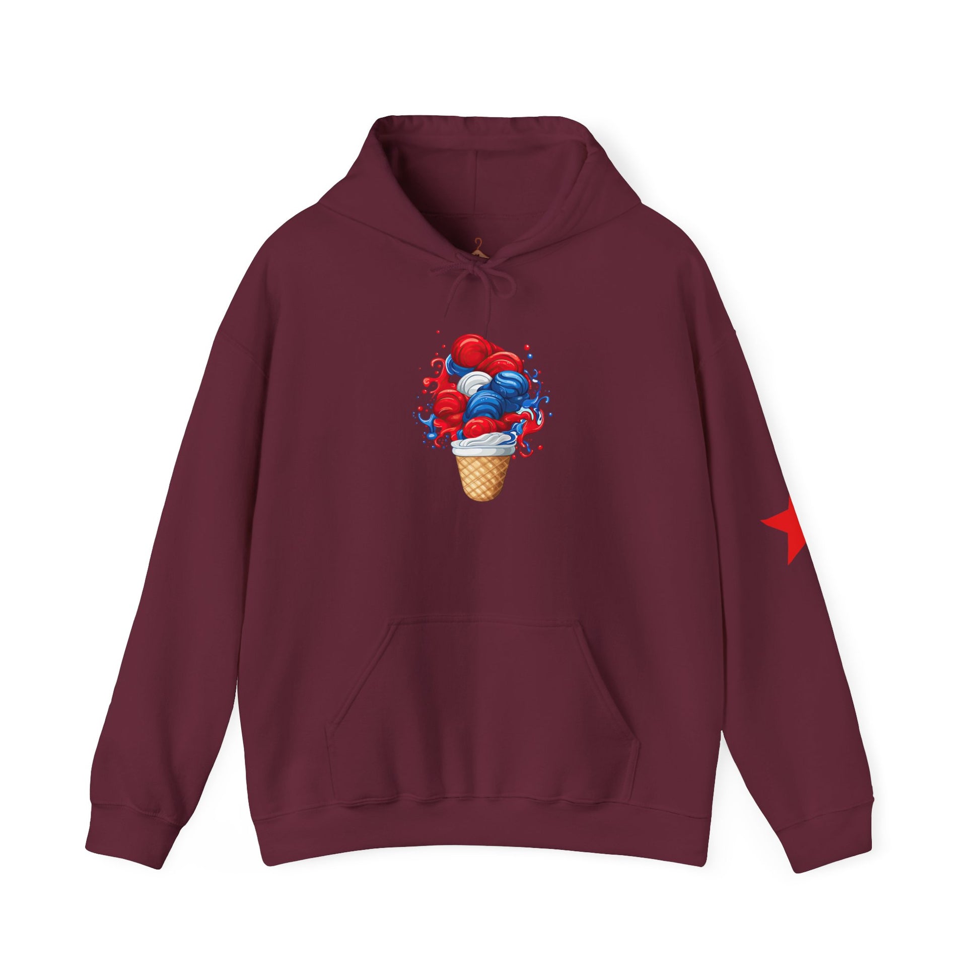 Ice Cream Cone Hoodie — Red, White & Blue Swirl Patriotic Ice Cream Graphic Hooded Sweatshirt