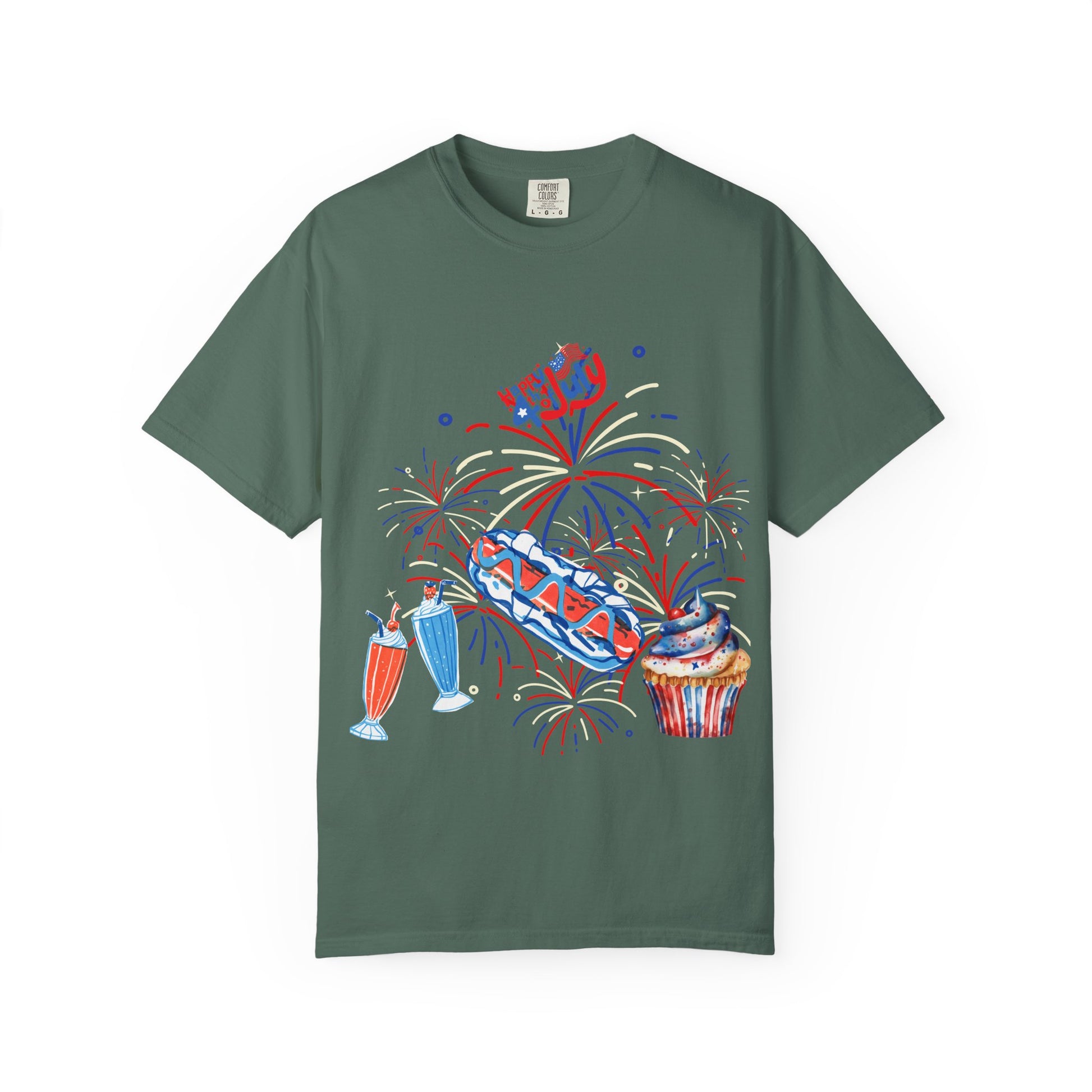T-Shirt — Fourth of July Party Graphic Tee (Fireworks, Cupcake & Drinks)