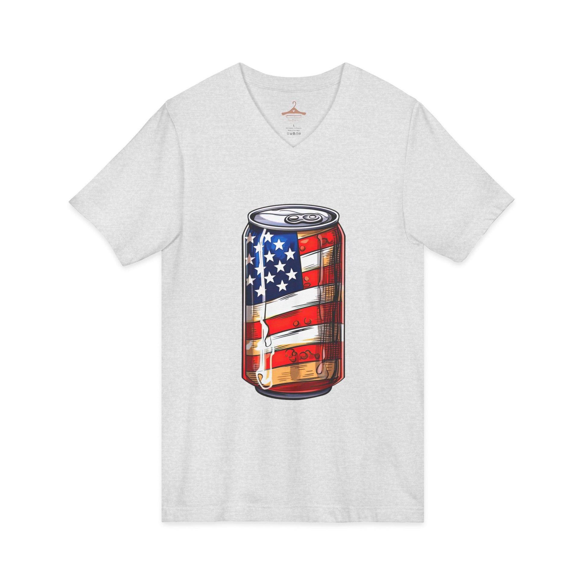 Patriotic Soda Can V-Neck Tee — American Flag Drink Can Graphic Tee