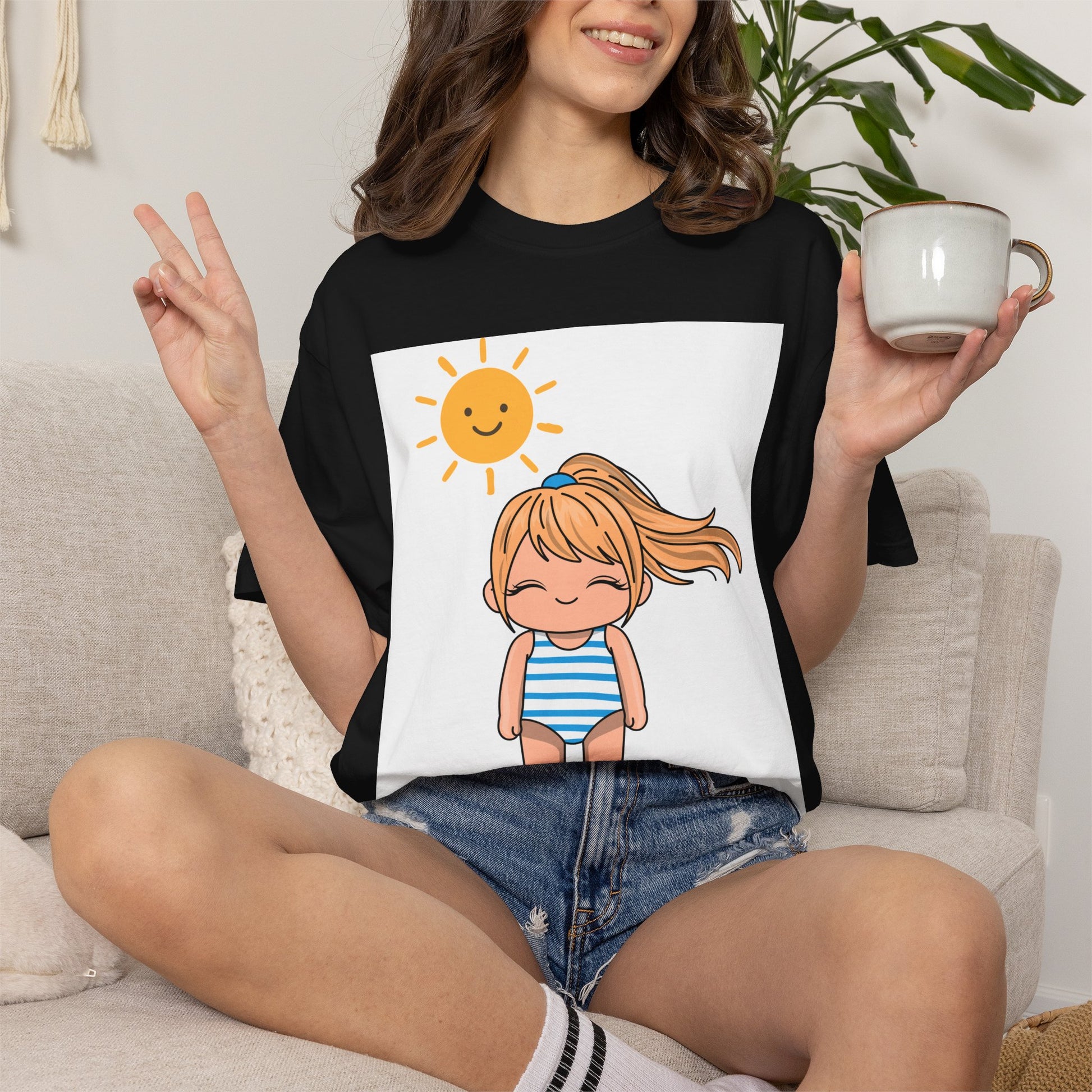 Cute Girl in Swimsuit T-Shirt — Sunny Beach Cartoon Tee