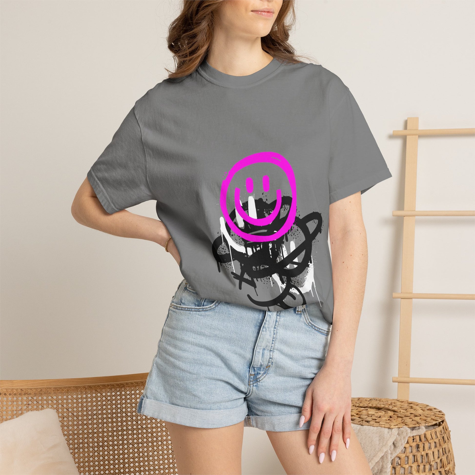 Smiley Graffiti T-Shirt — Neon Pink Drip Streetwear Tee