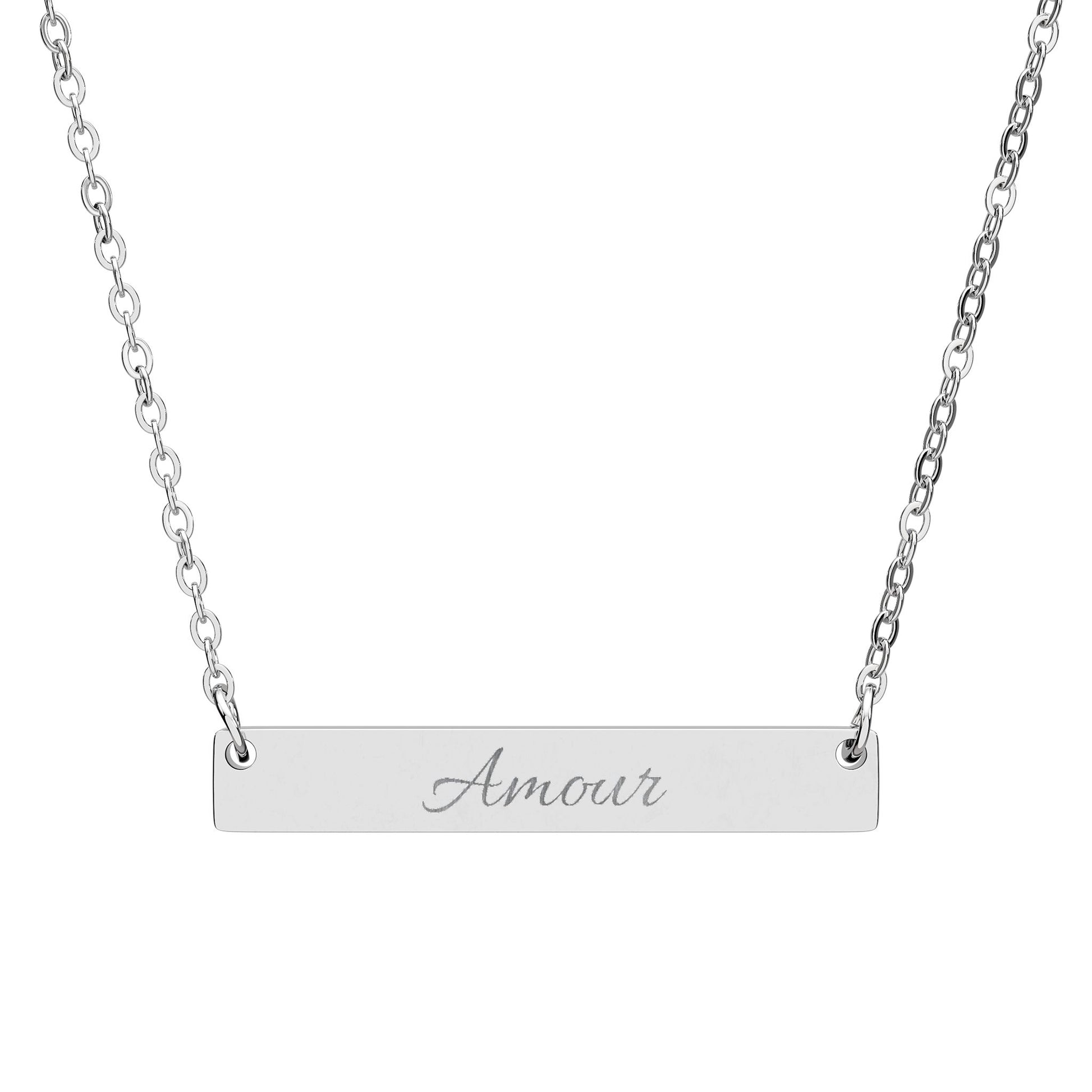 Engraved Horizontal Bar Necklace — Personalized "Amour" Script Pendant