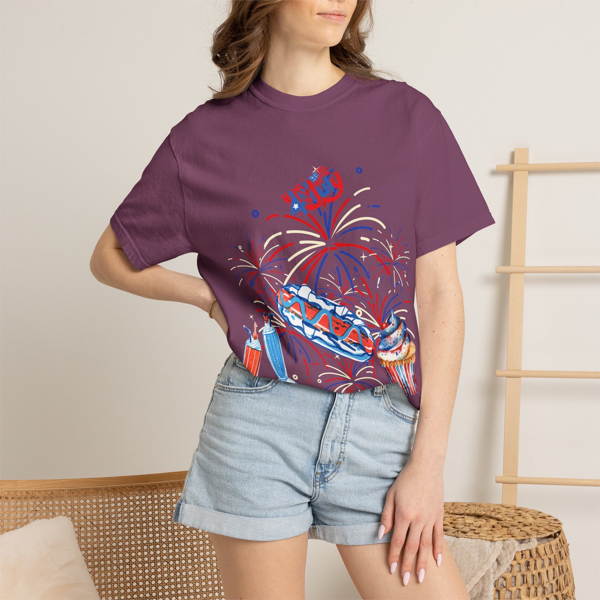 T-Shirt — Fourth of July Party Graphic Tee (Fireworks, Cupcake & Drinks)