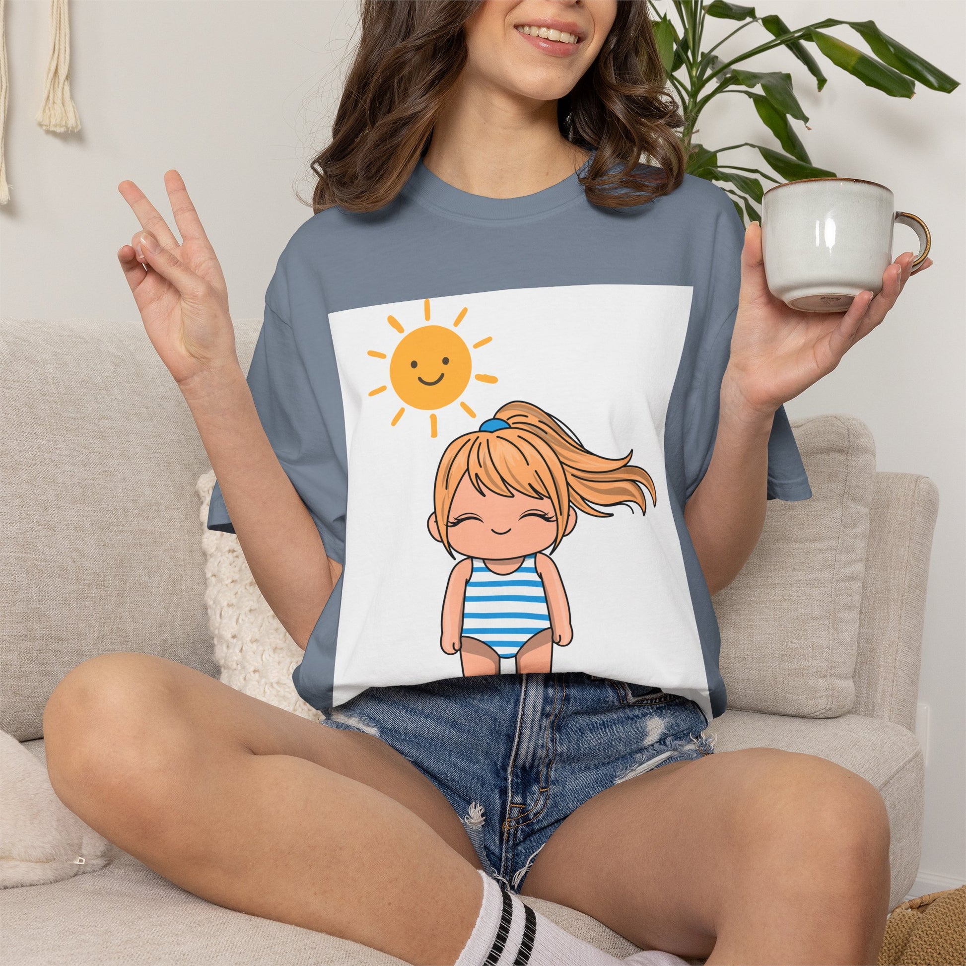 Cute Girl in Swimsuit T-Shirt — Sunny Beach Cartoon Tee