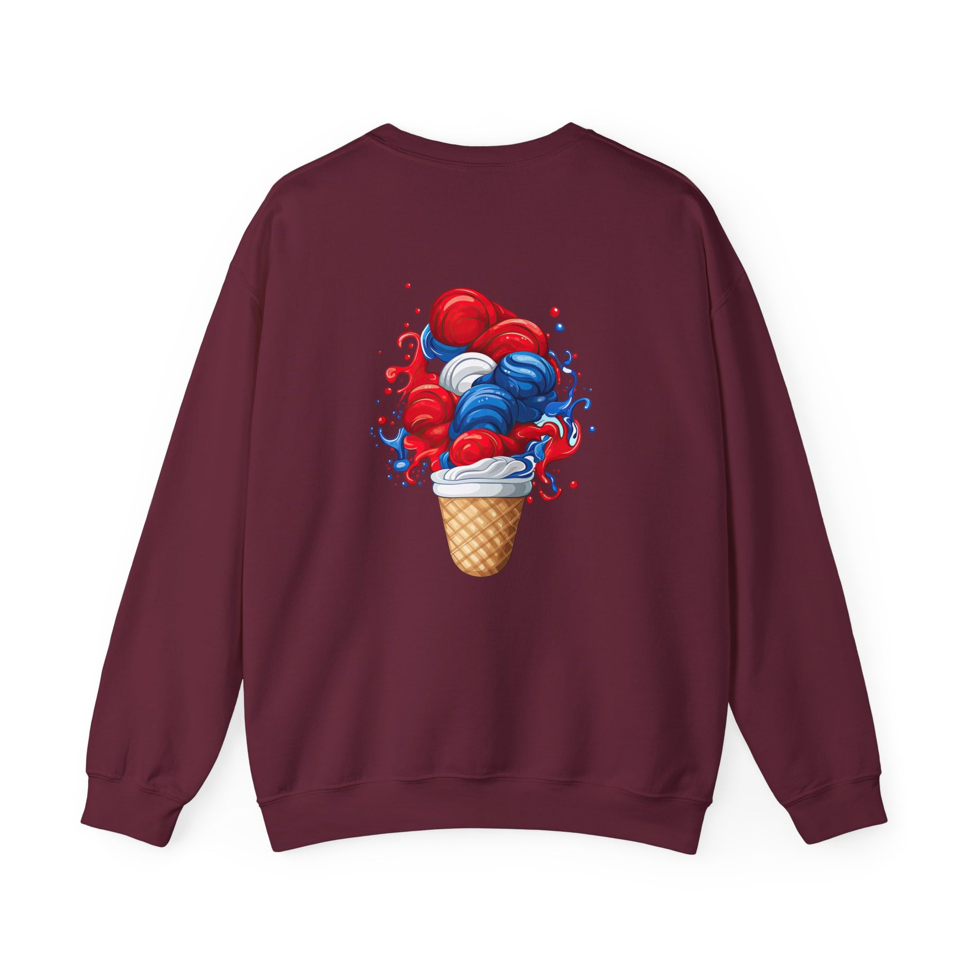 Ice Cream Crewneck Sweatshirt — Red White & Blue Swirl Cone Graphic