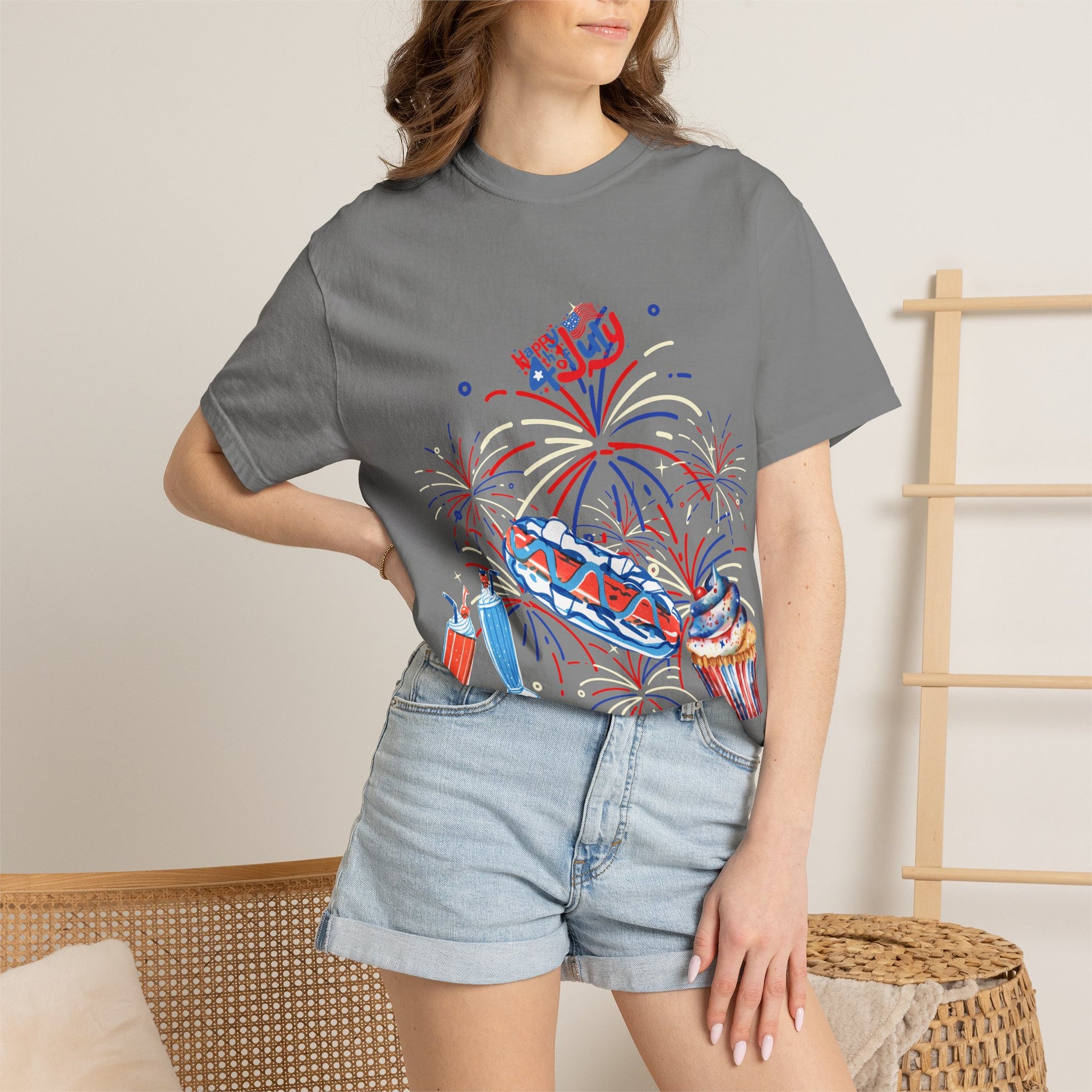 T-Shirt — Fourth of July Party Graphic Tee (Fireworks, Cupcake & Drinks)