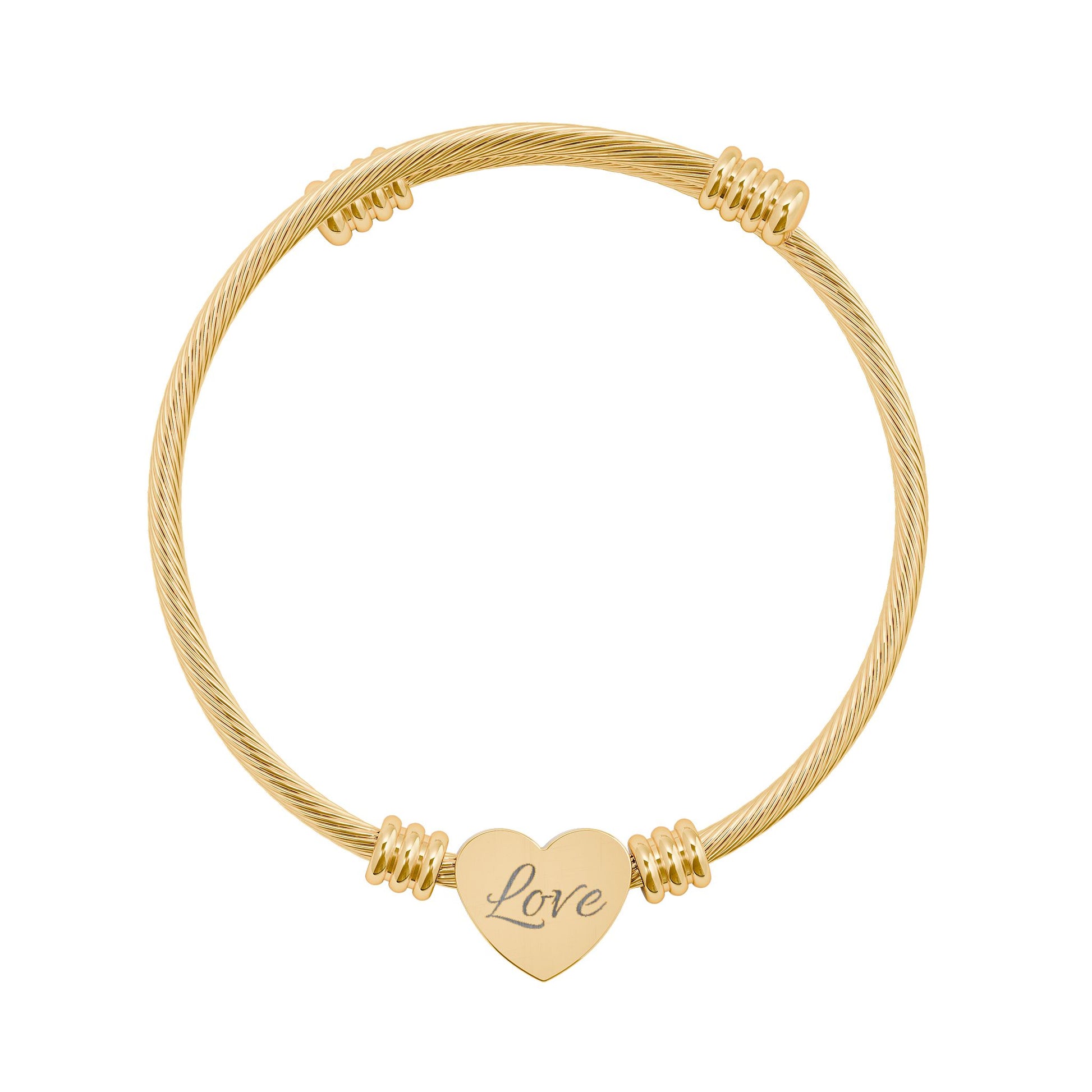 Engraved 'Love' Heart Cuff Bracelet — Gold or Silver Adjustable Wire Bangle