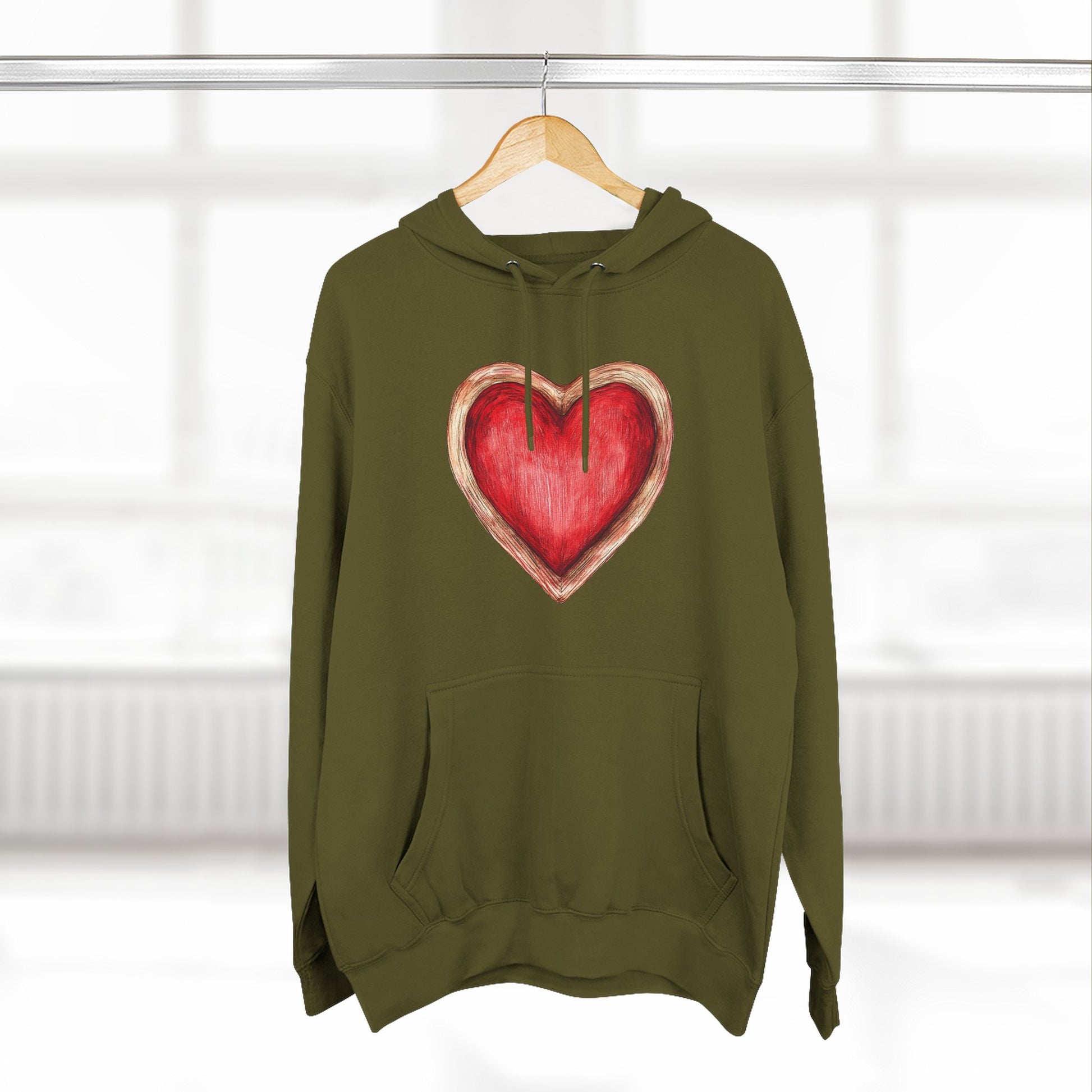 Heart Watercolor Hoodie — Hand-Painted Red Heart Pullover for Valentine's Day
