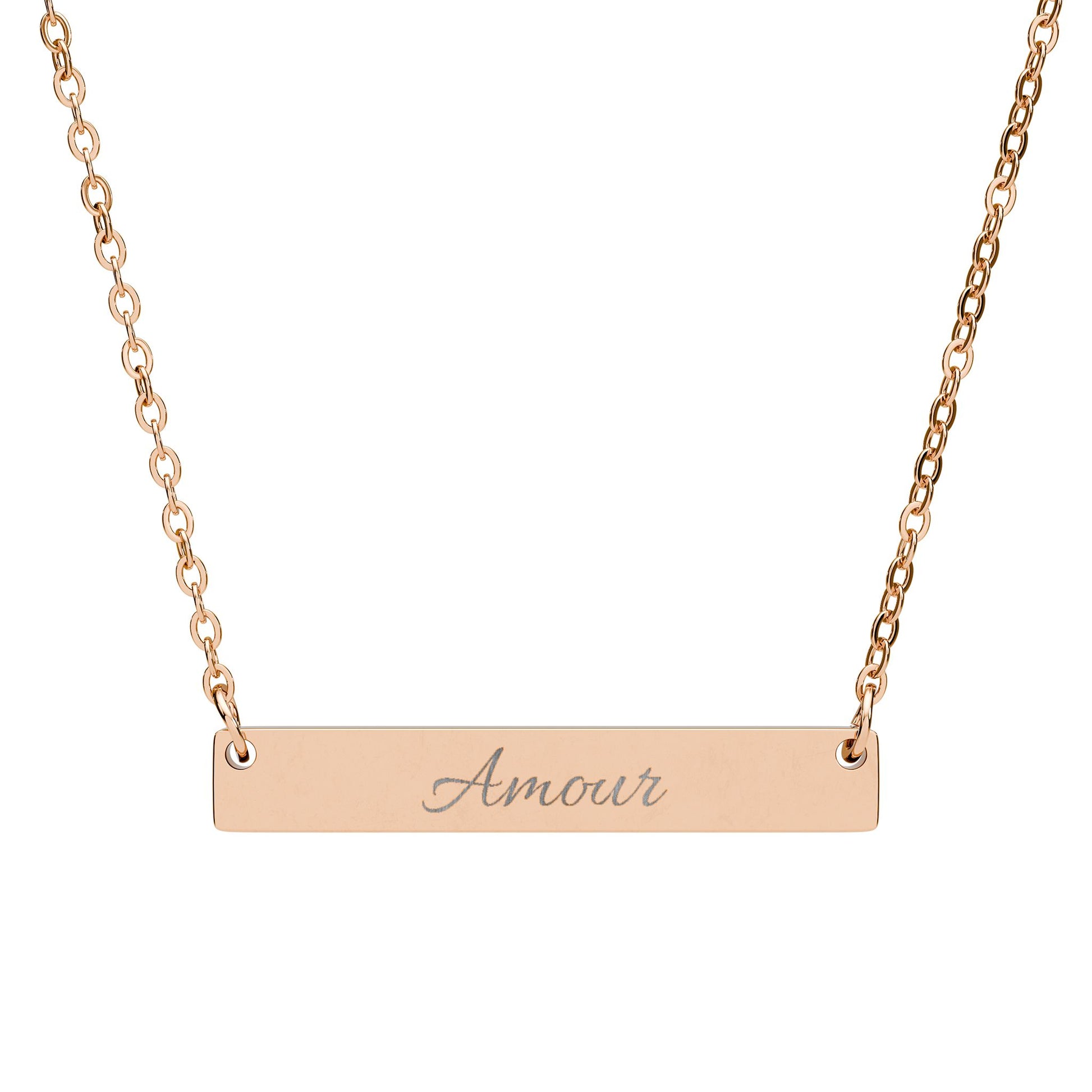 Engraved Horizontal Bar Necklace — Personalized "Amour" Script Pendant