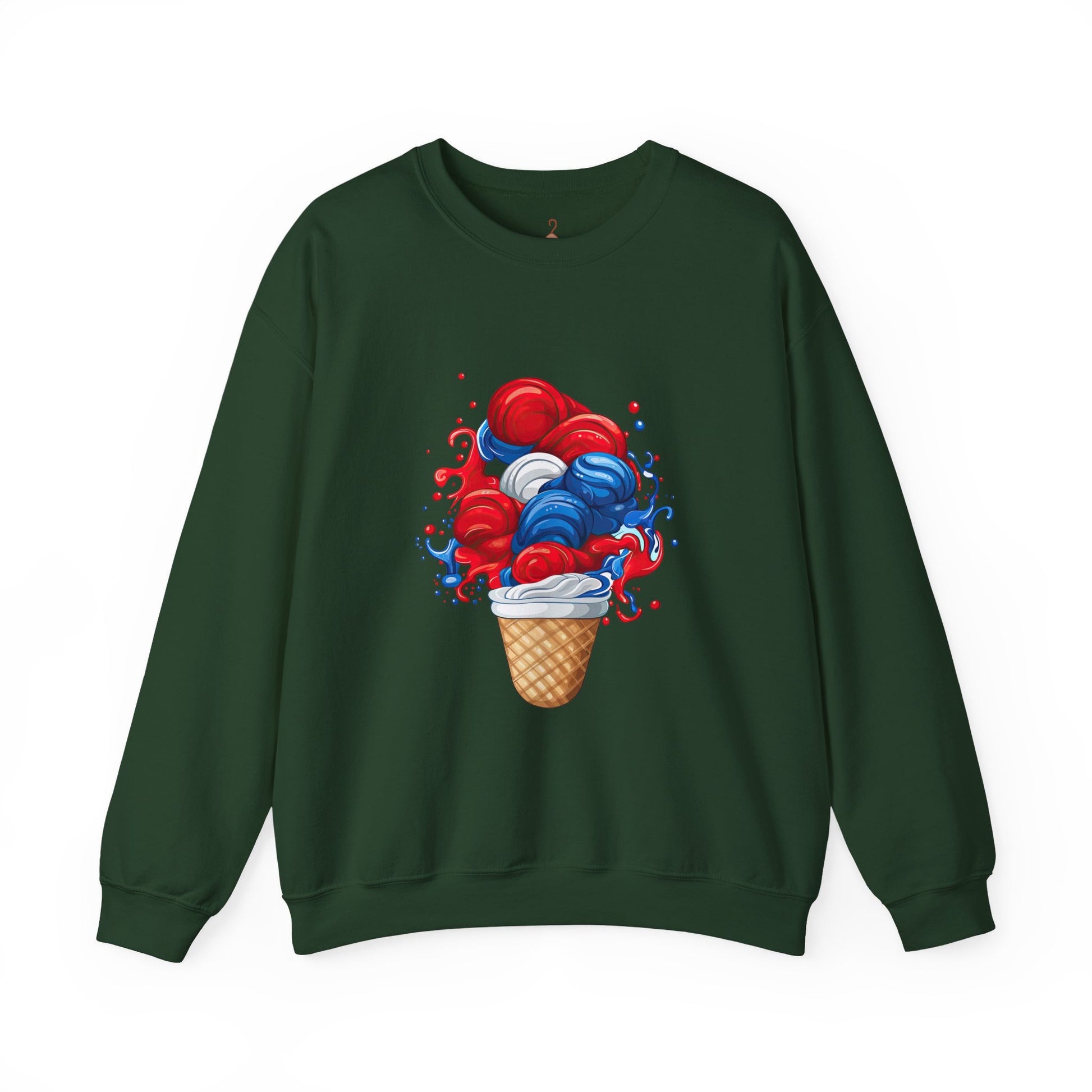 Ice Cream Crewneck Sweatshirt — Red White & Blue Swirl Cone Graphic