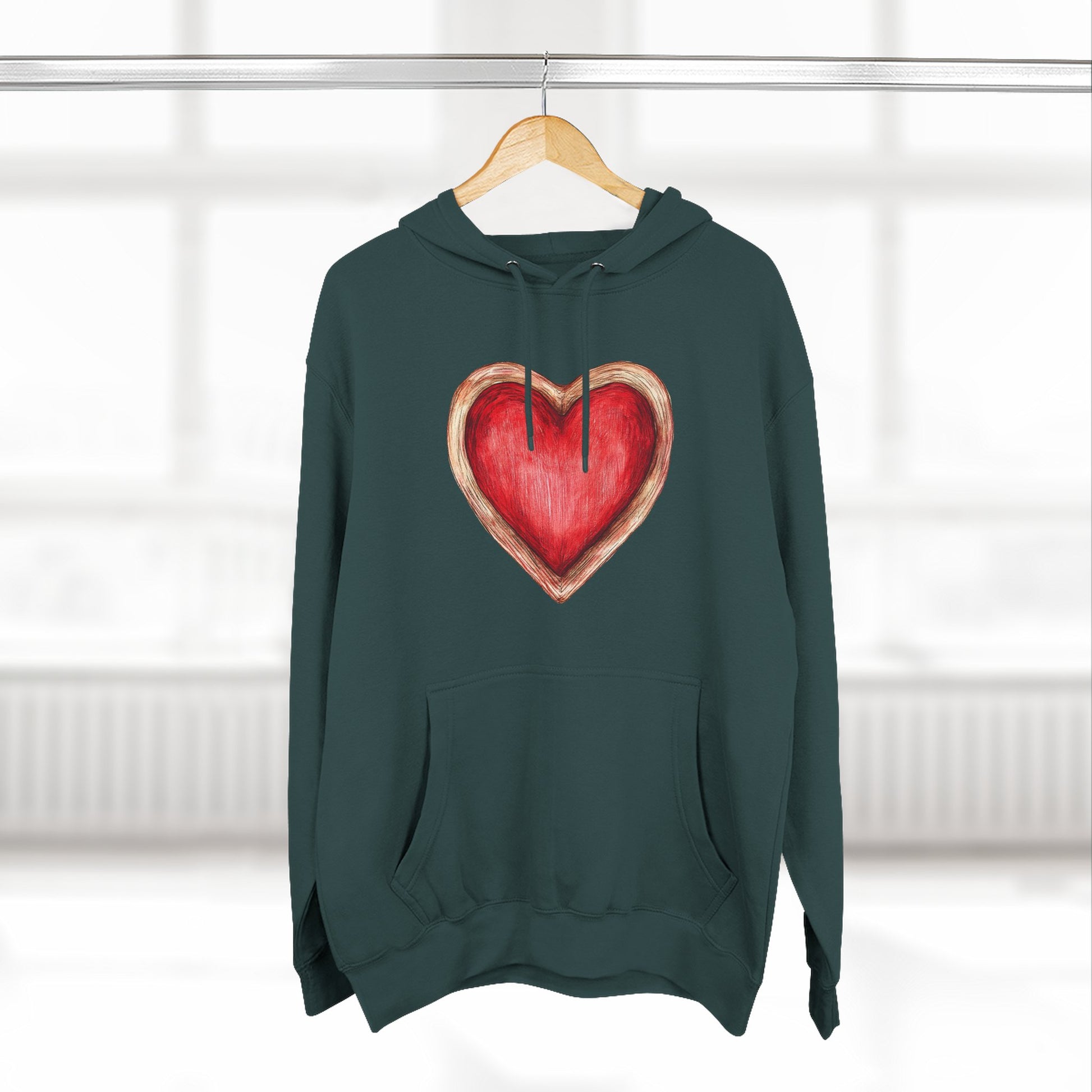 Heart Watercolor Hoodie — Hand-Painted Red Heart Pullover for Valentine's Day