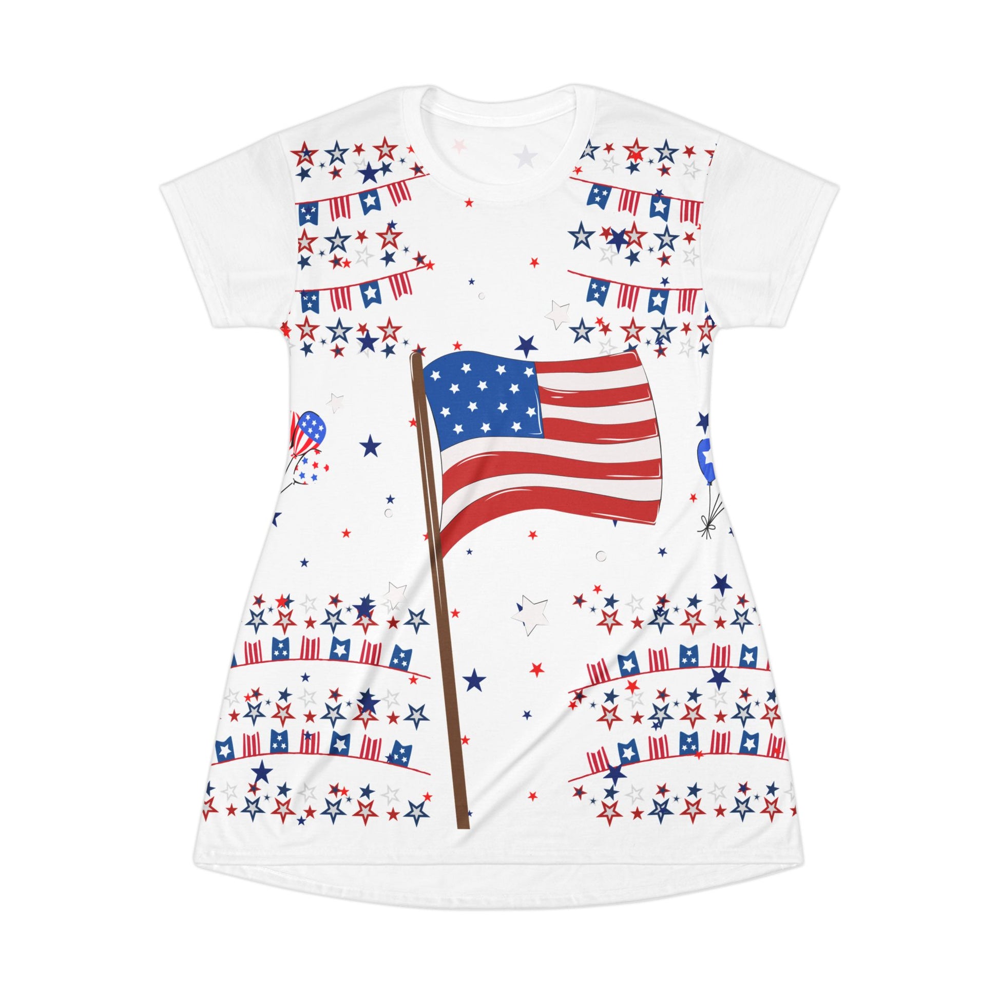 Patriotic American Flag T-Shirt Dress — 4th of July Stars & Stripes AOP