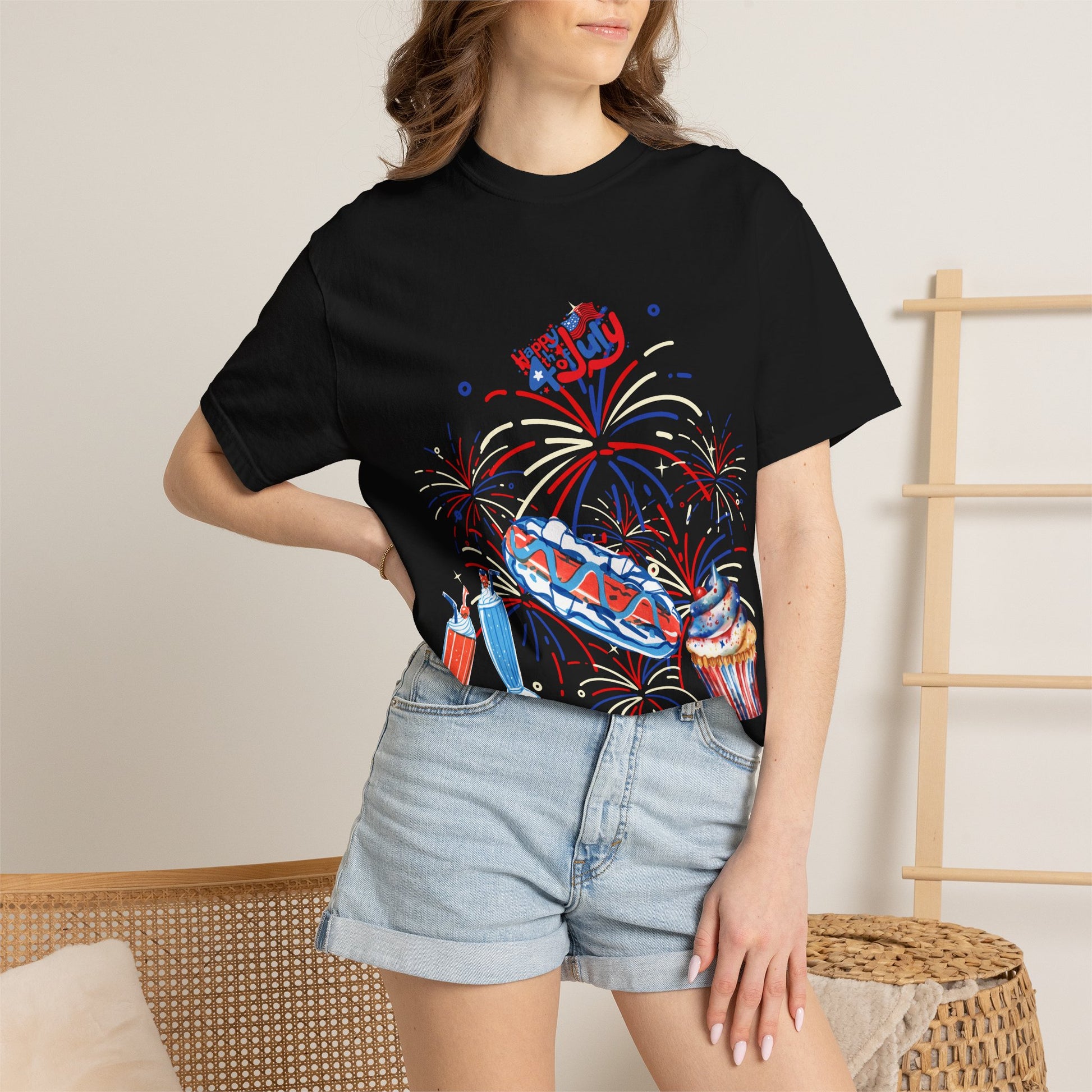 T-Shirt — Fourth of July Party Graphic Tee (Fireworks, Cupcake & Drinks)