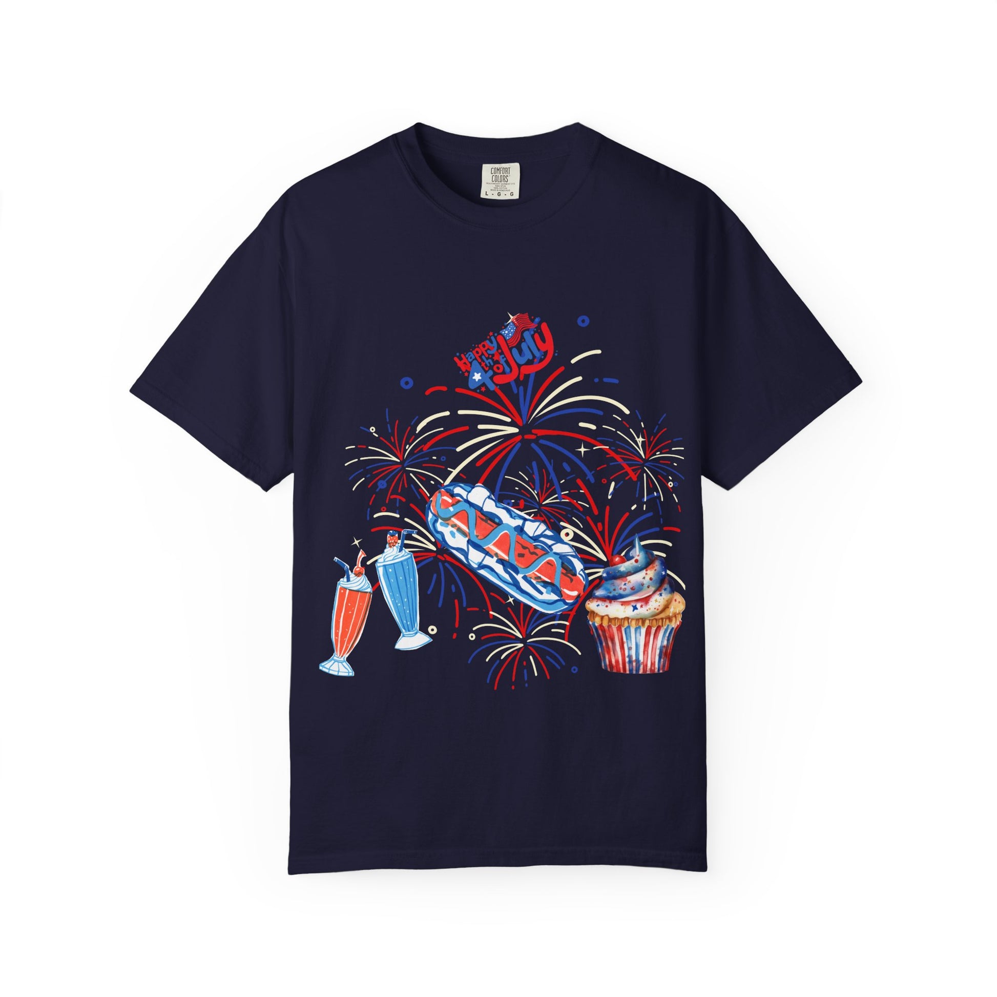 T-Shirt — Fourth of July Party Graphic Tee (Fireworks, Cupcake & Drinks)