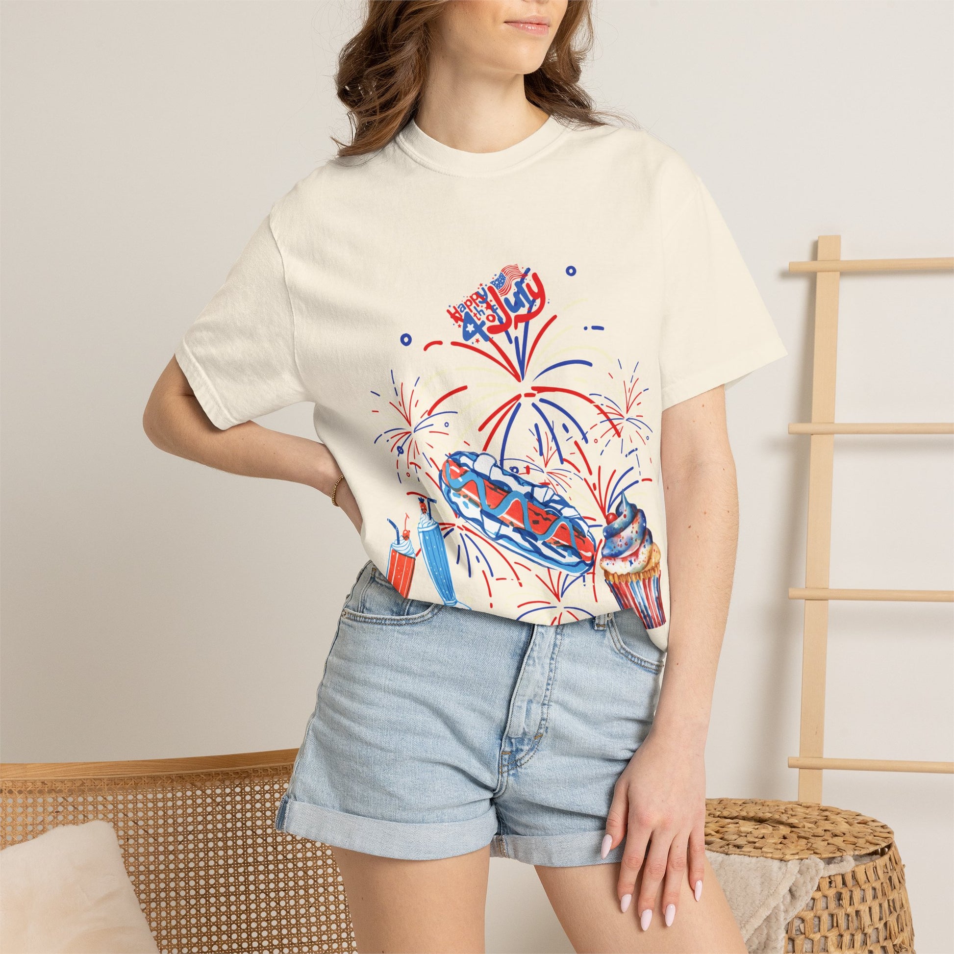 T-Shirt — Fourth of July Party Graphic Tee (Fireworks, Cupcake & Drinks)