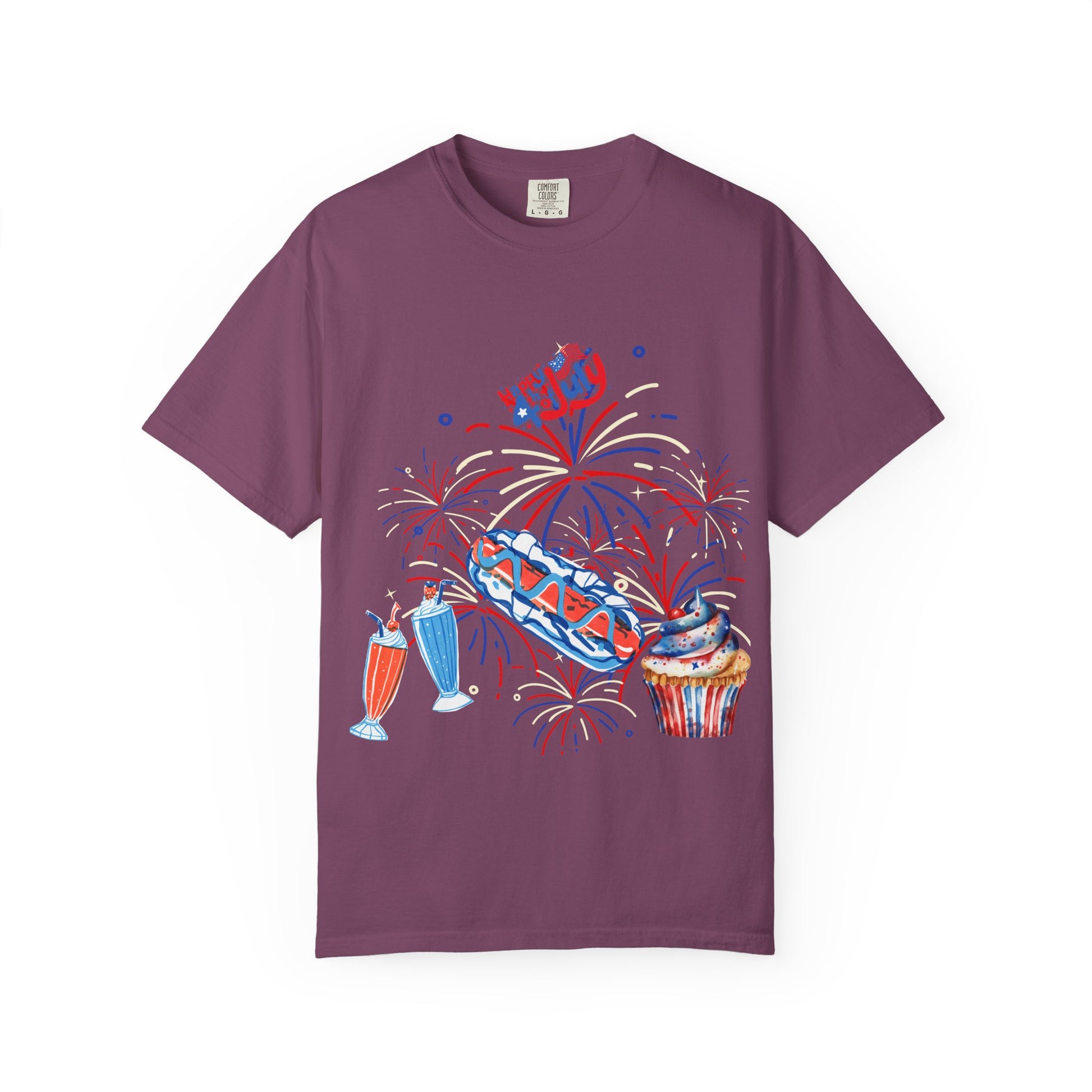 T-Shirt — Fourth of July Party Graphic Tee (Fireworks, Cupcake & Drinks)