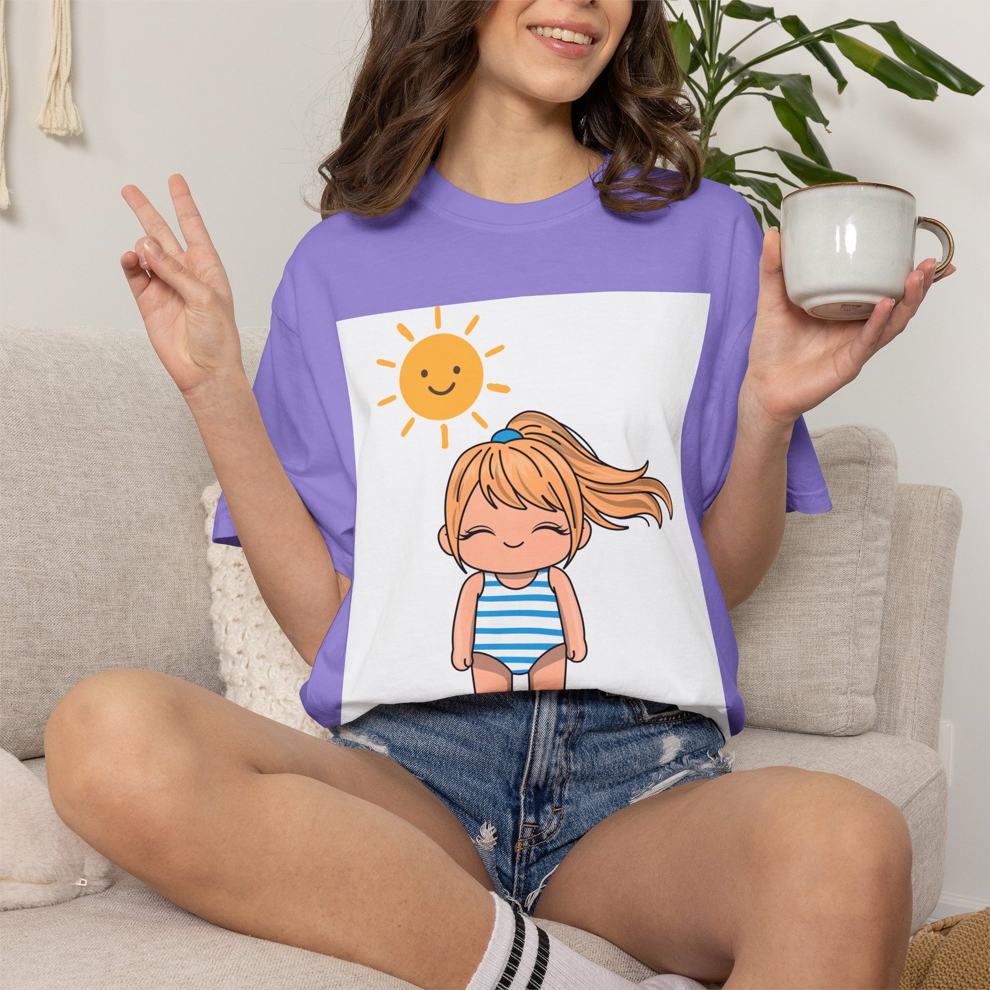 Cute Girl in Swimsuit T-Shirt — Sunny Beach Cartoon Tee