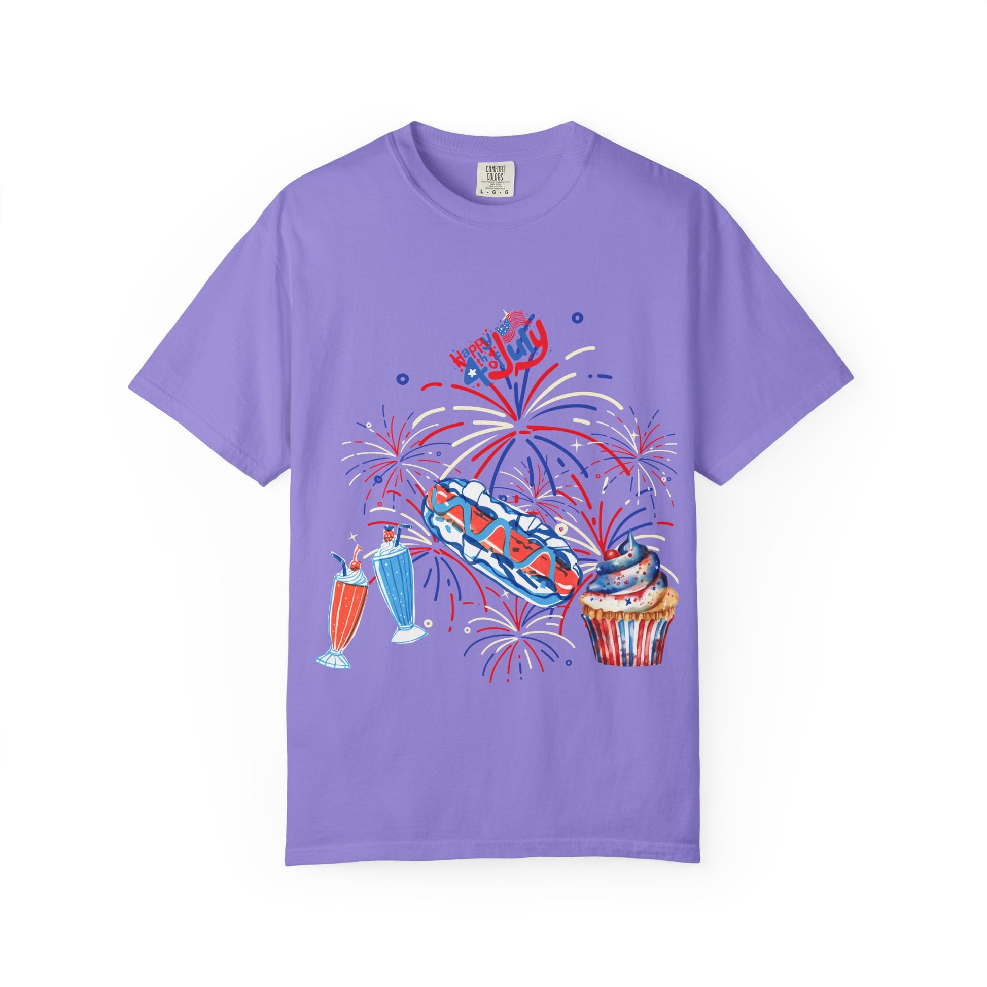 T-Shirt — Fourth of July Party Graphic Tee (Fireworks, Cupcake & Drinks)