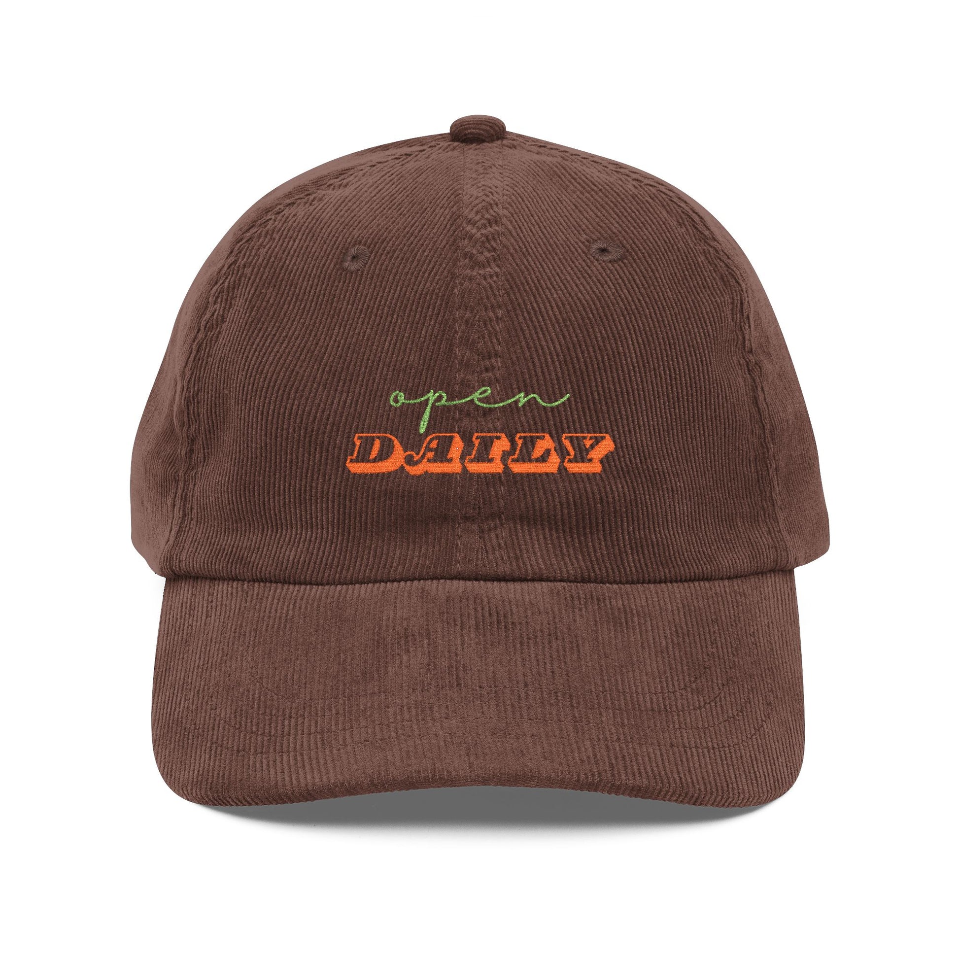 Vintage Corduroy Embroidered Cap — 'open DAILY' Retro Baseball Hat