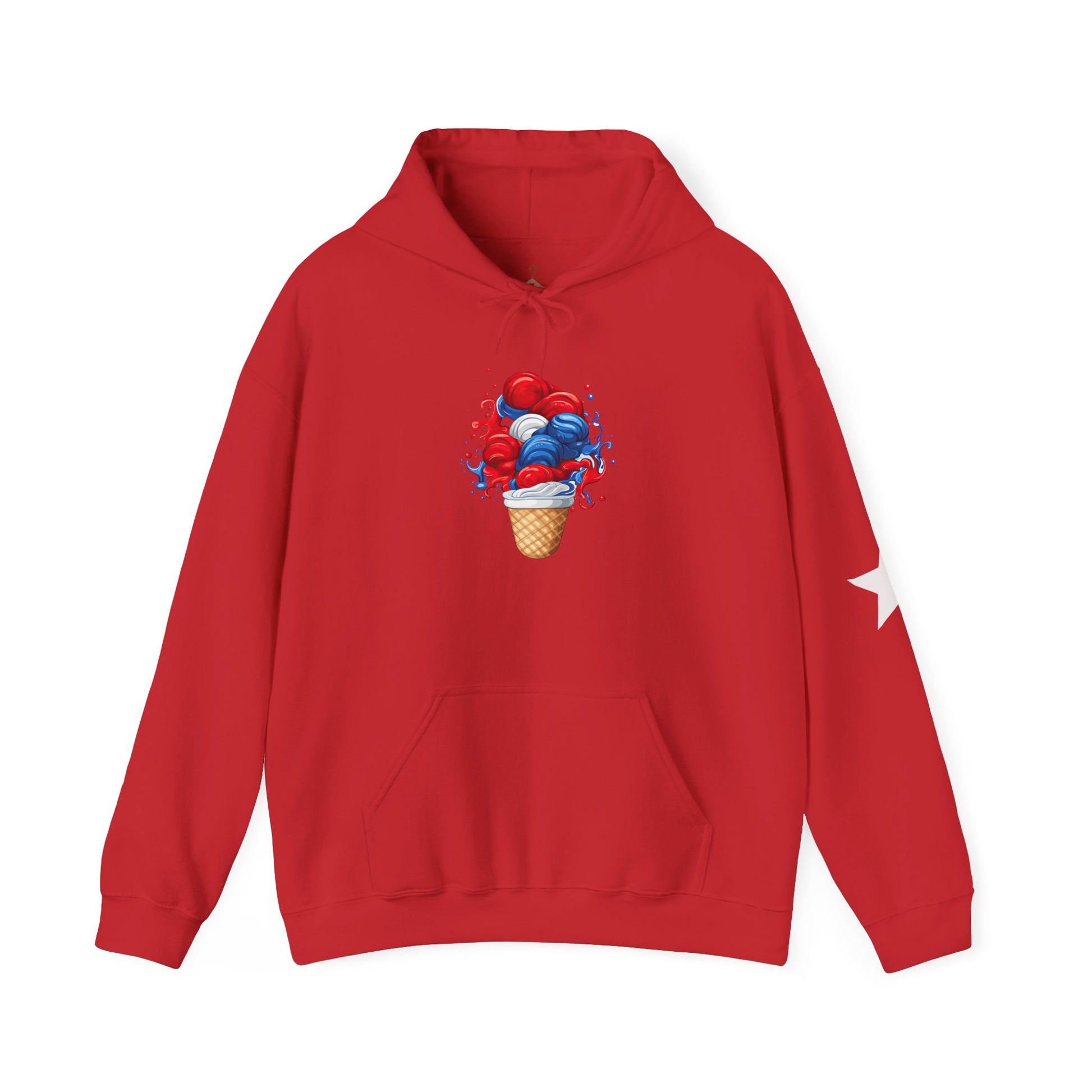 Ice Cream Cone Hoodie — Red, White & Blue Swirl Patriotic Ice Cream Graphic Hooded Sweatshirt