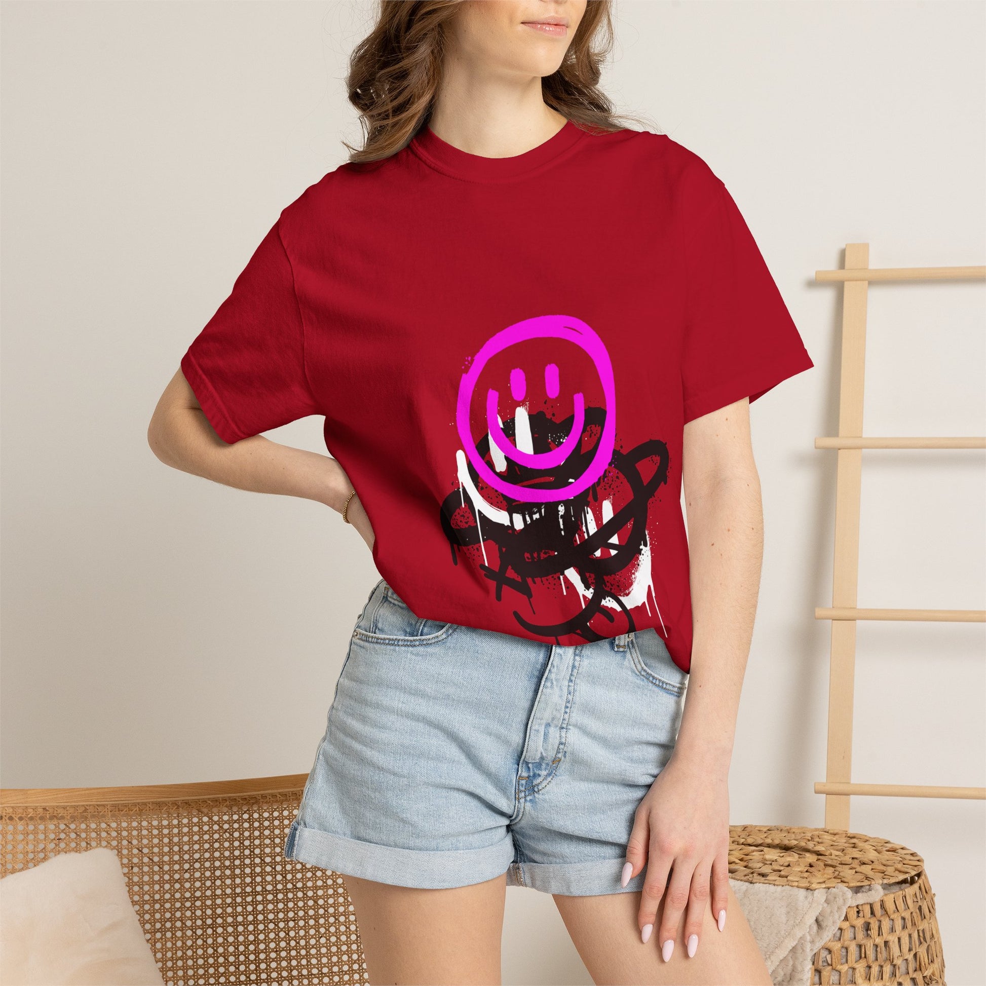 Smiley Graffiti T-Shirt — Neon Pink Drip Streetwear Tee