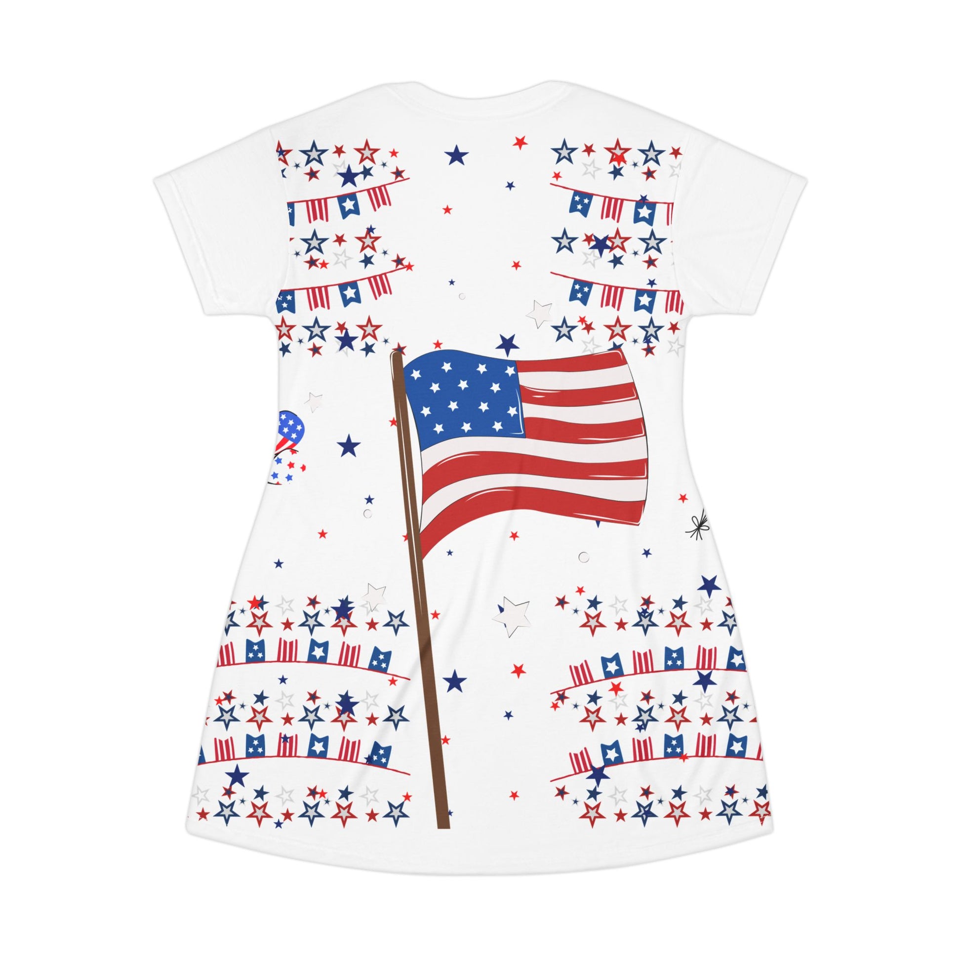 Patriotic American Flag T-Shirt Dress — 4th of July Stars & Stripes AOP