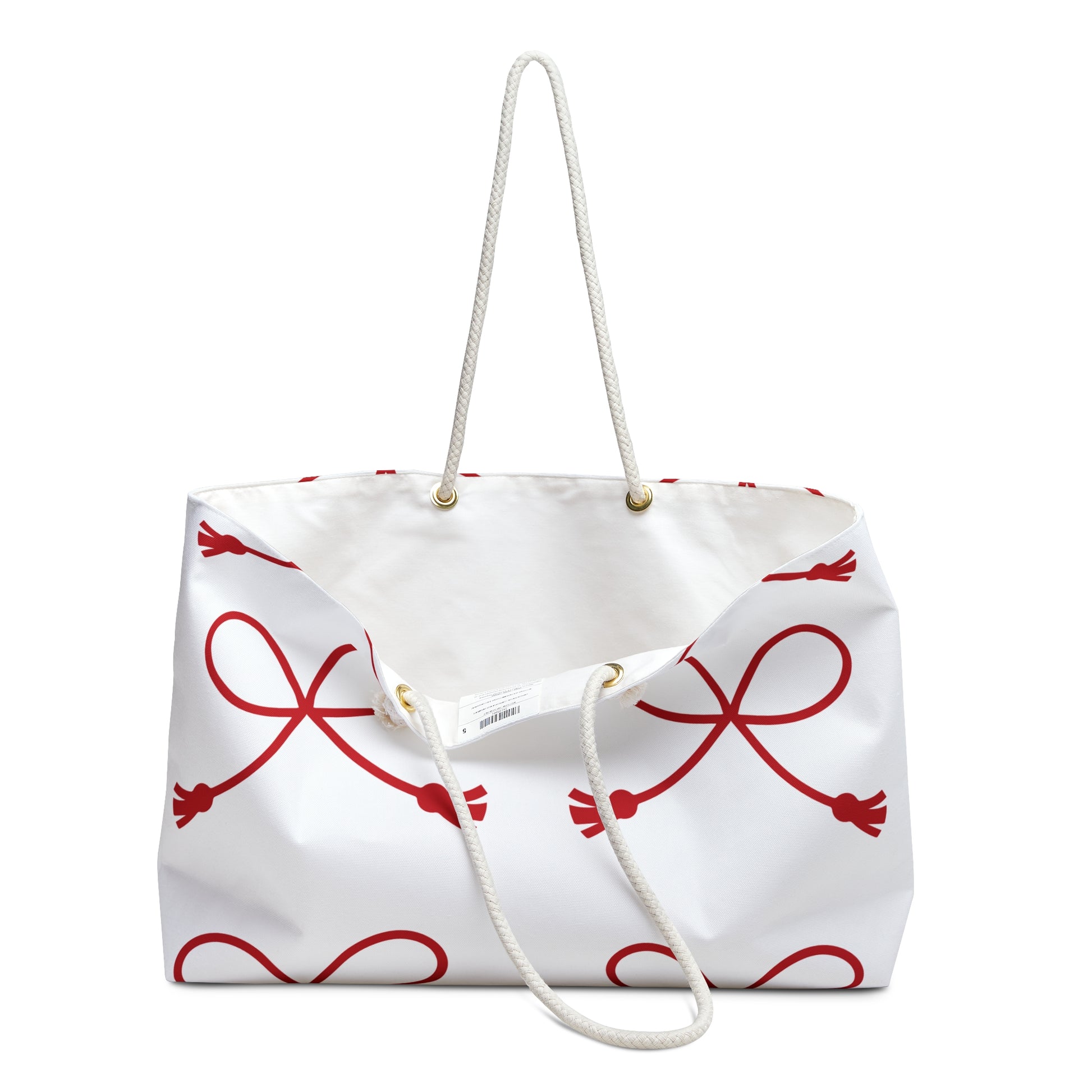 Red Bow Rope Weekender Bag — Large Travel Tote with Heartlike Ribbon Pattern