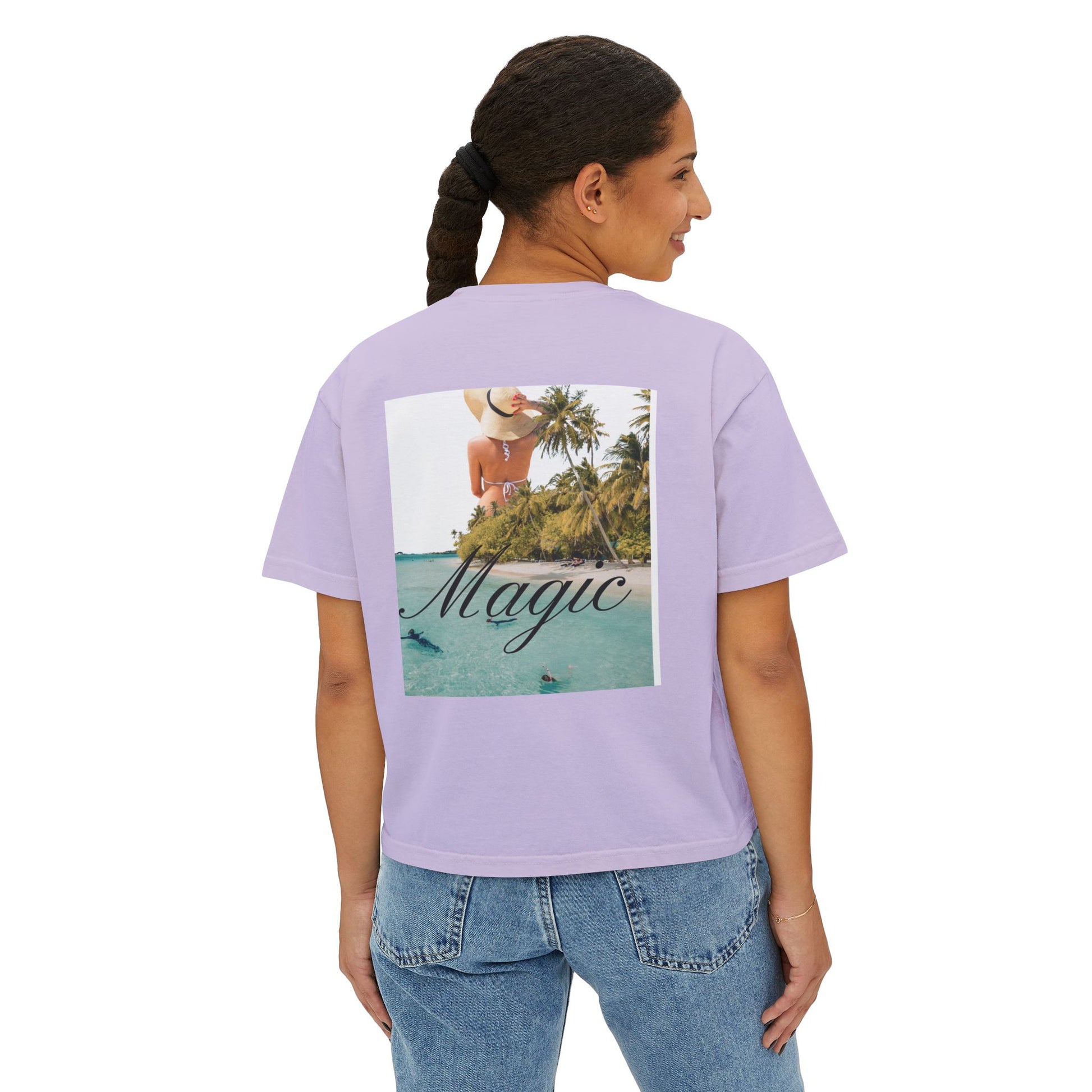 Magic Beach Crop Tee — Women's Boxy Tropical Graphic T‑Shirt