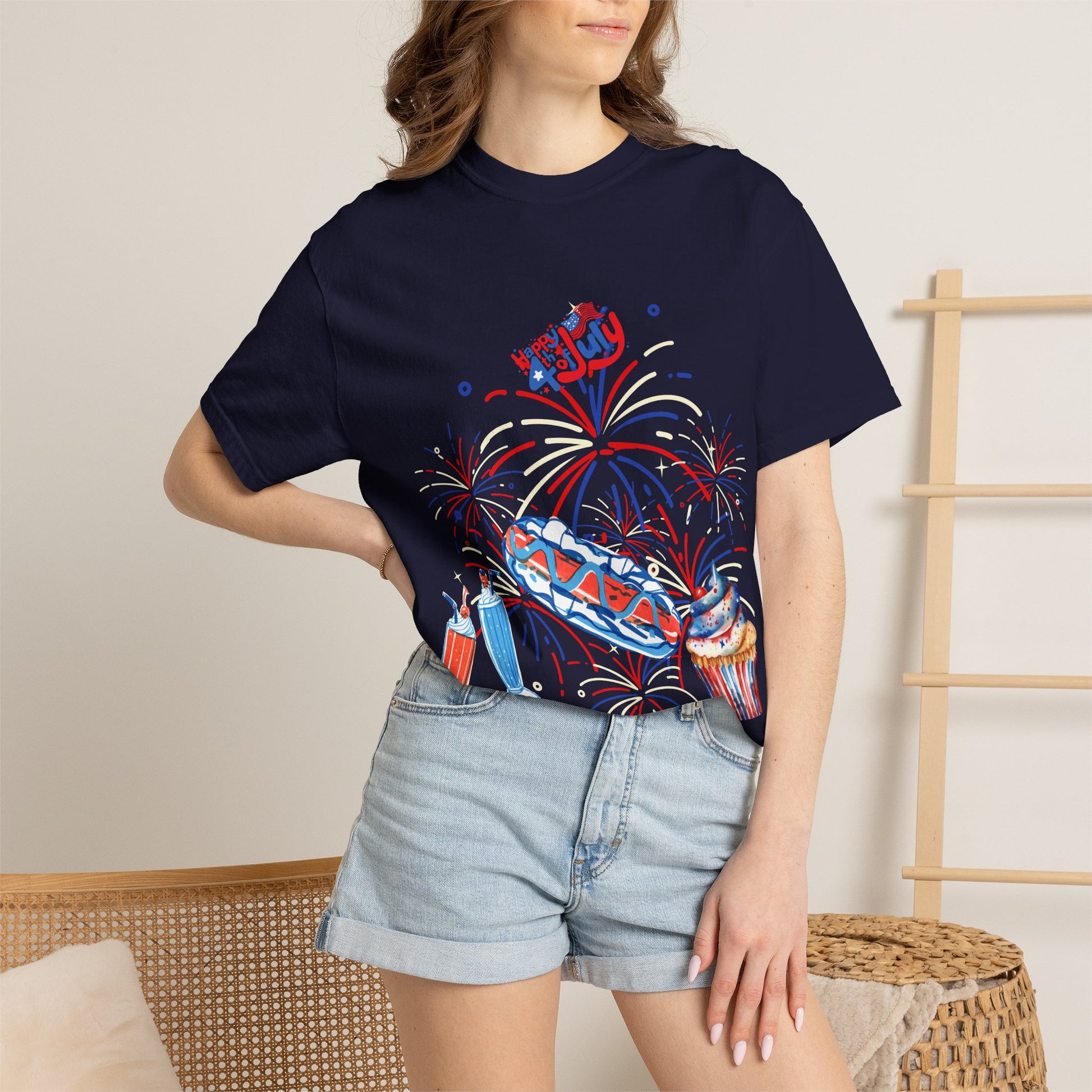 T-Shirt — Fourth of July Party Graphic Tee (Fireworks, Cupcake & Drinks)