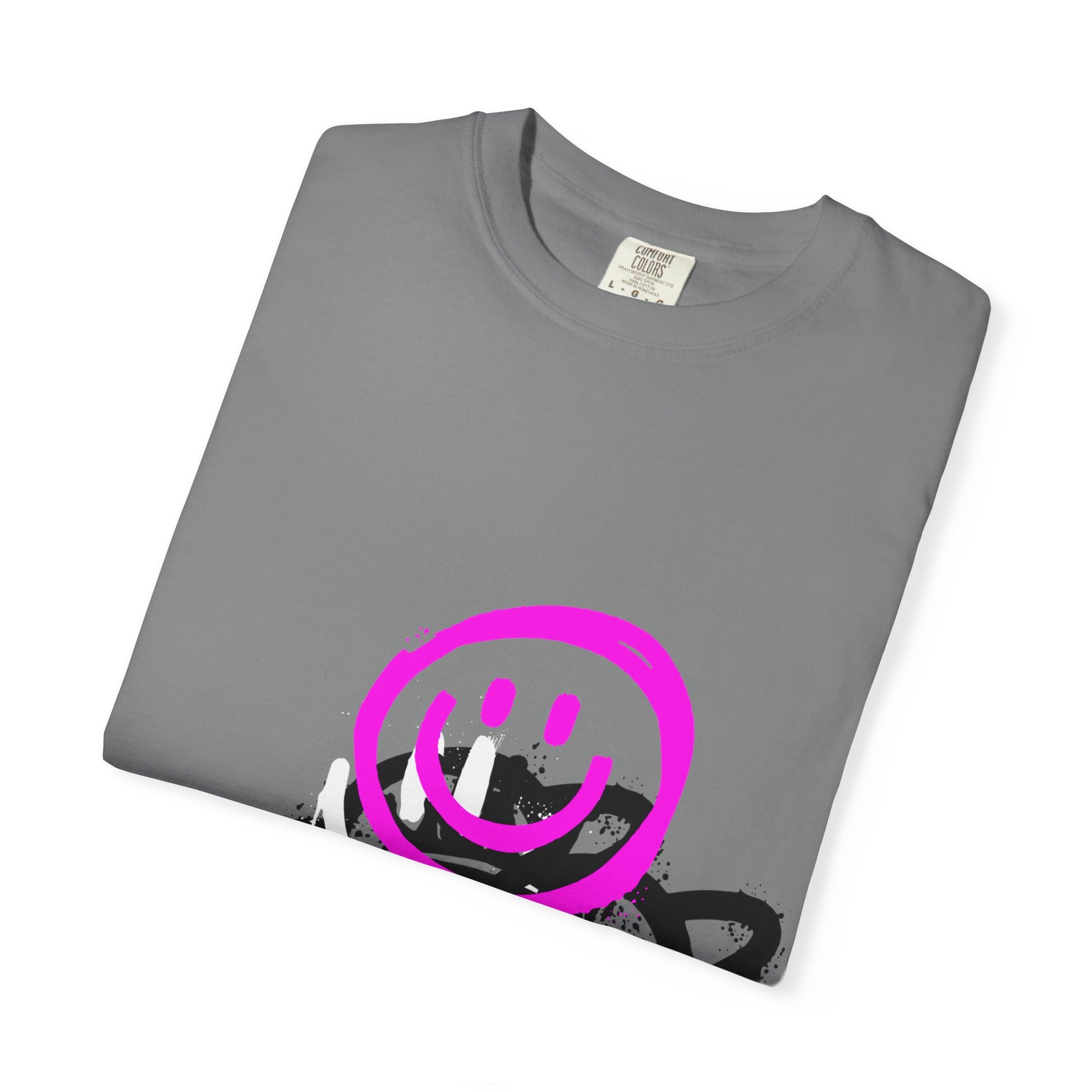 Smiley Graffiti T-Shirt — Neon Pink Drip Streetwear Tee