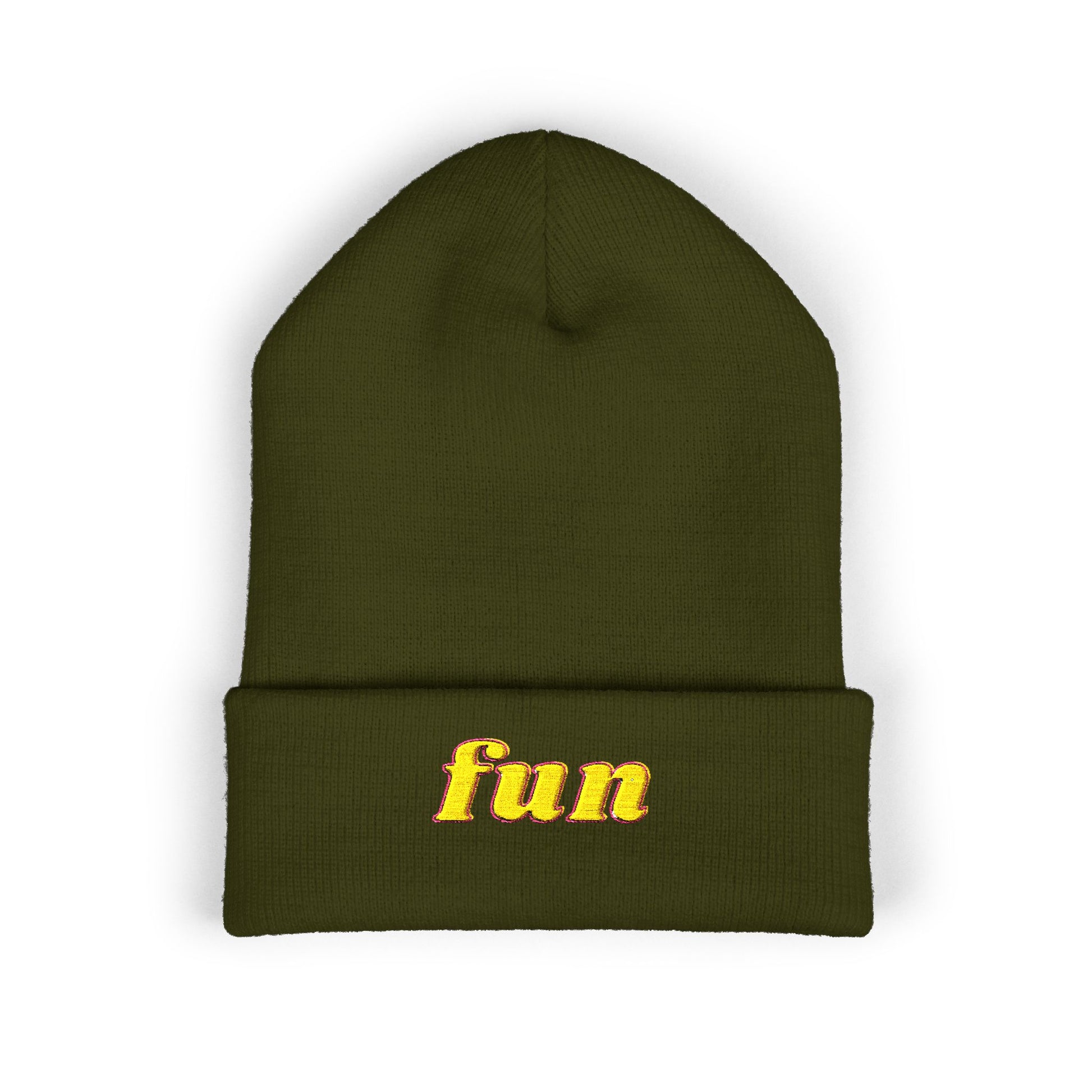 Embroidered "fun" Cuffed Beanie – Cozy Knit Winter Hat