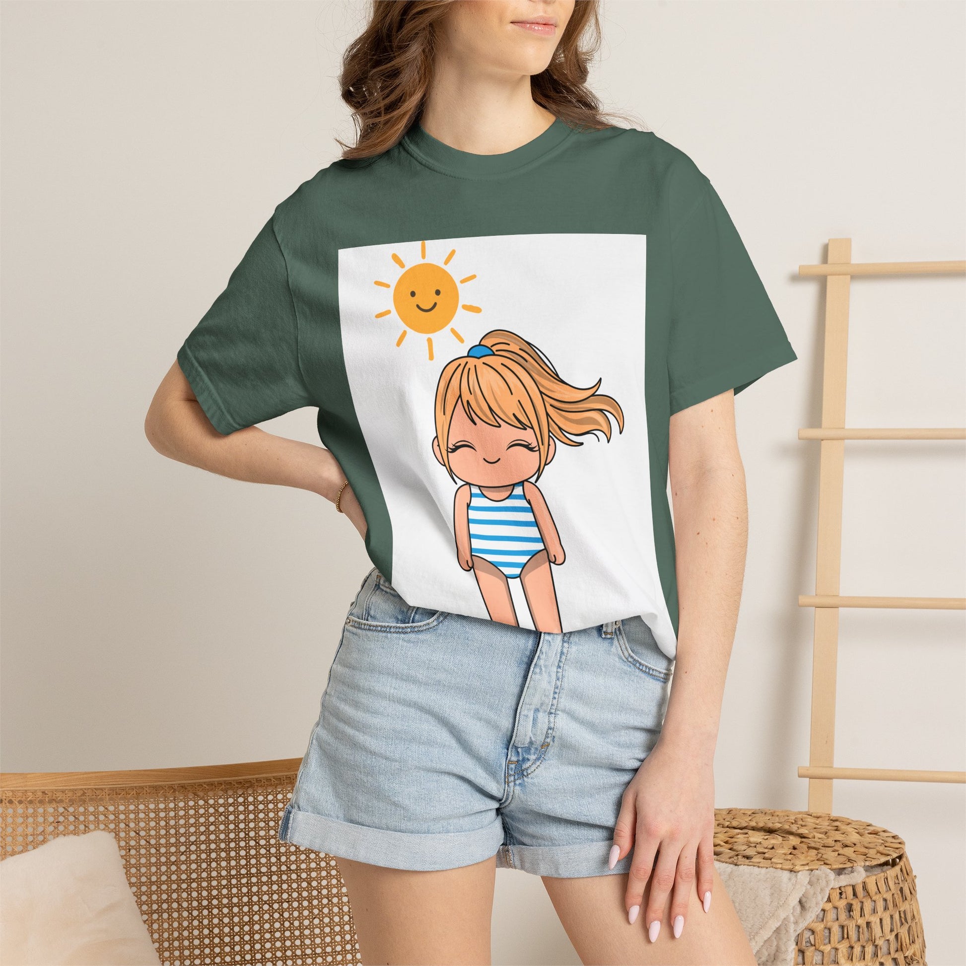 Cute Girl in Swimsuit T-Shirt — Sunny Beach Cartoon Tee