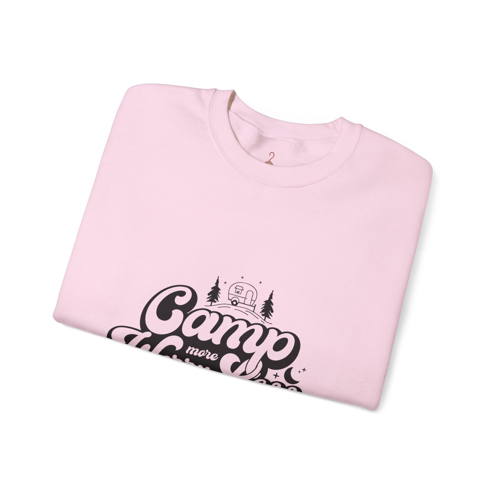 Camp More Worry Less Sweatshirt — Retro Camping Crewneck