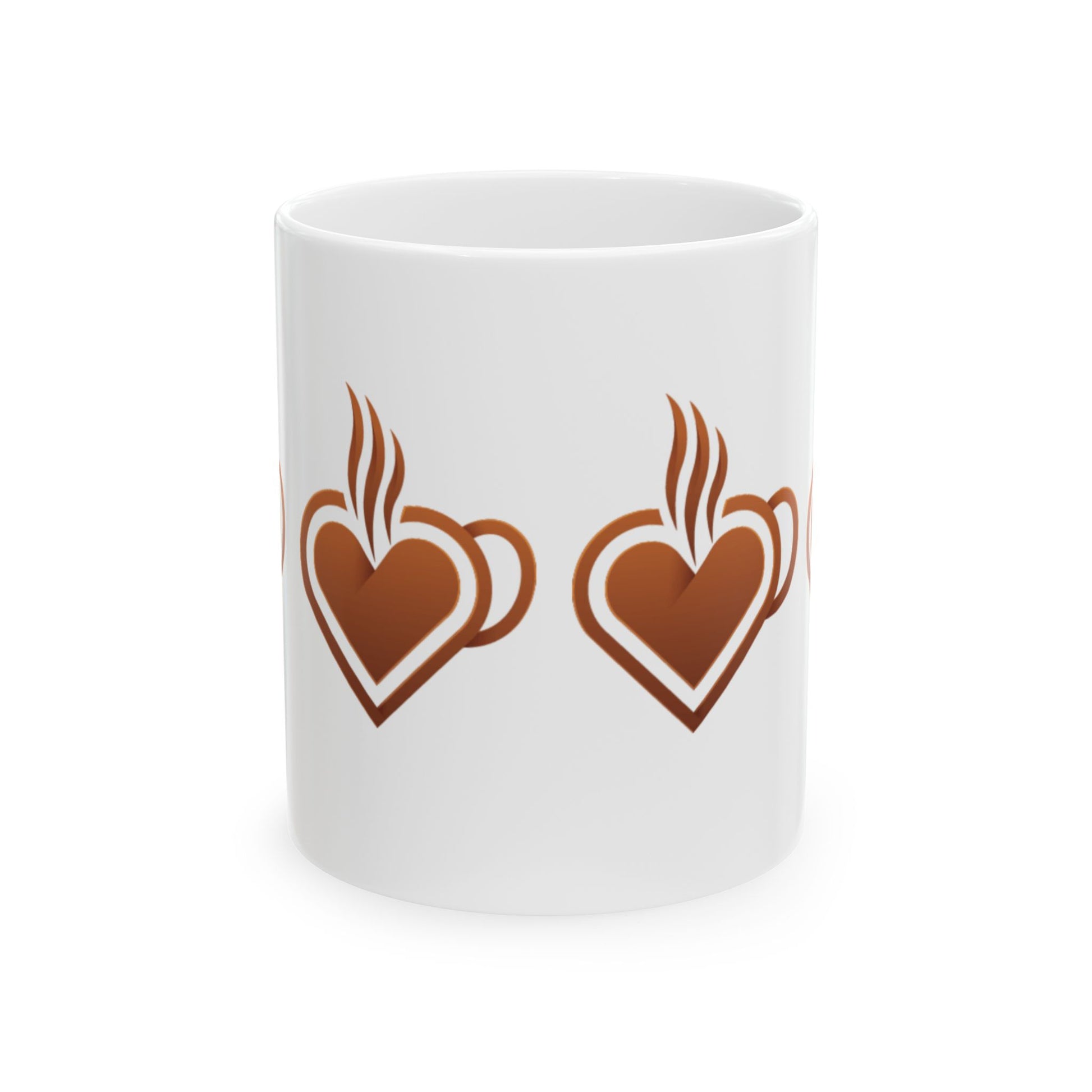 Coffee Heart Ceramic Mug — Double Brown Heart Steam Design (11oz, 15oz)